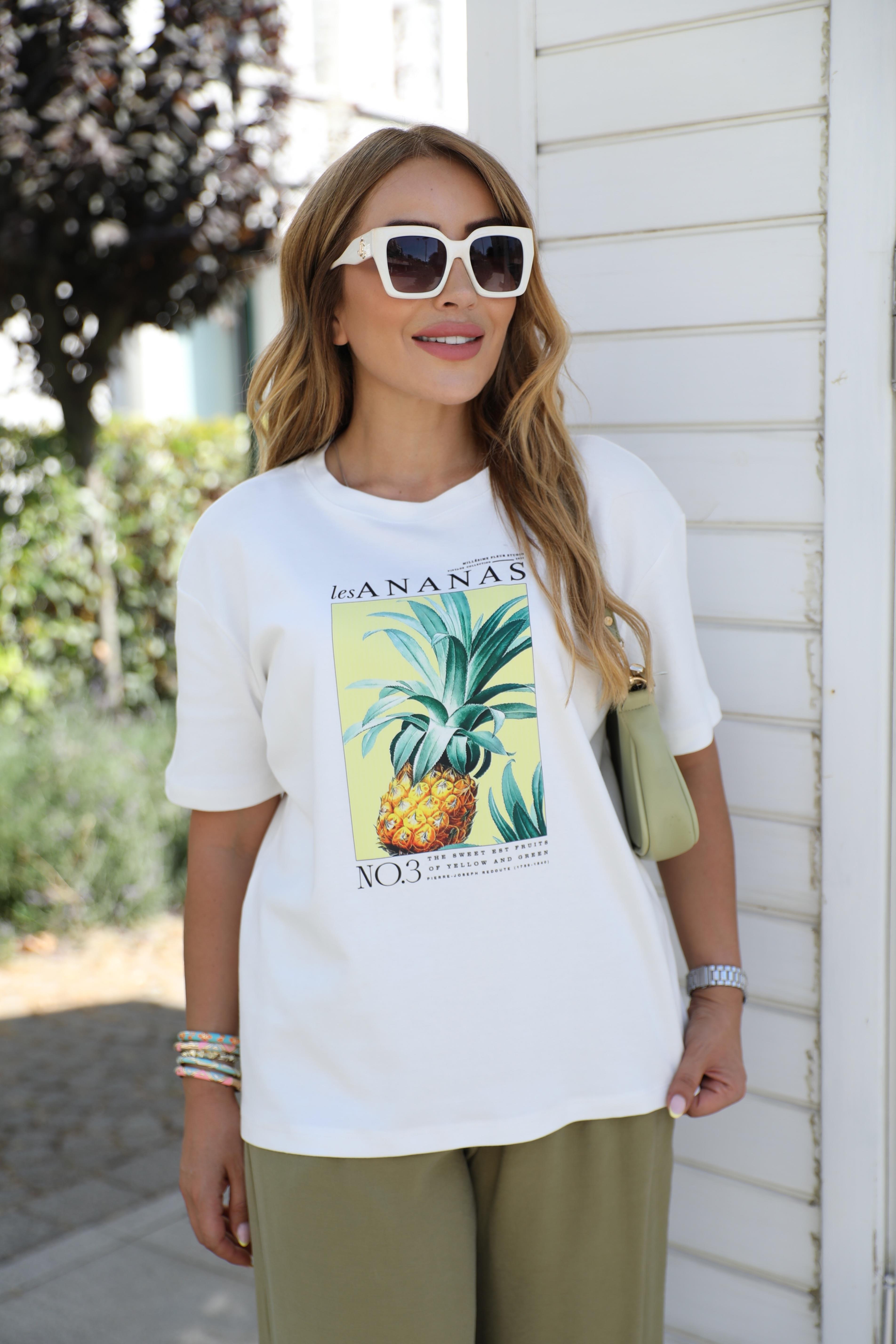 Beyaz Ananas Baskılı T-shirt