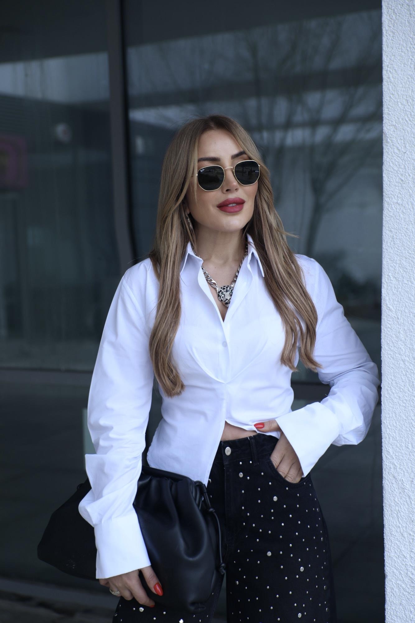 Beyaz Bağlama Detaylı Kol Pileli Gömlek 