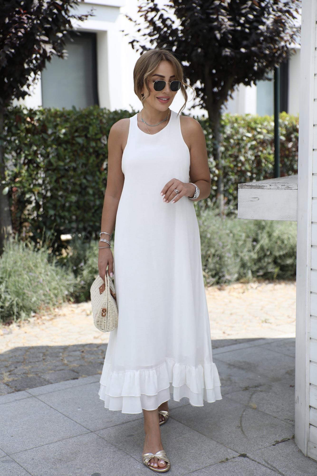 Beyaz Çapraz Askılı Volanlı Elbise