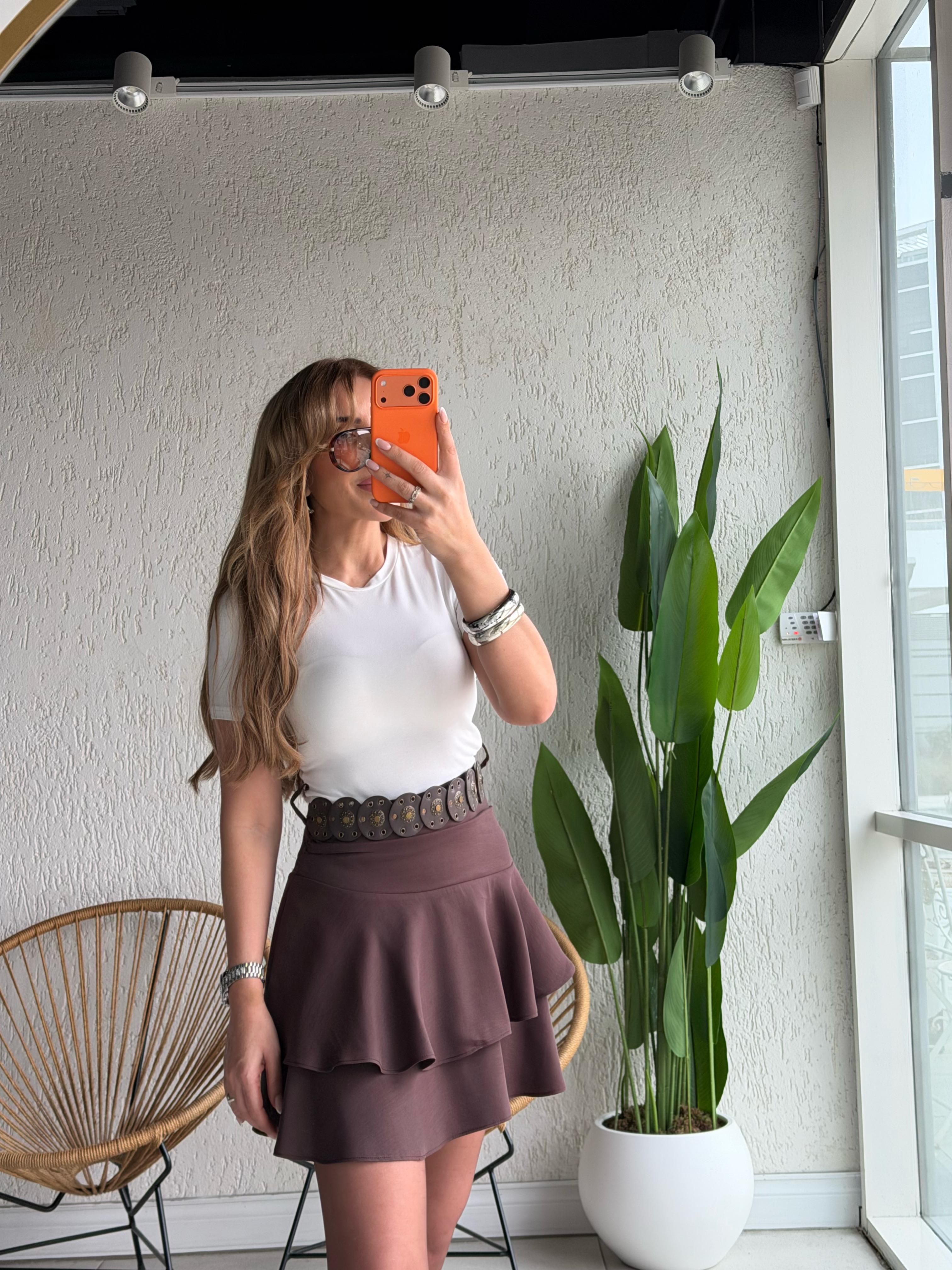 Beyaz Kahve Volanlı Elbise