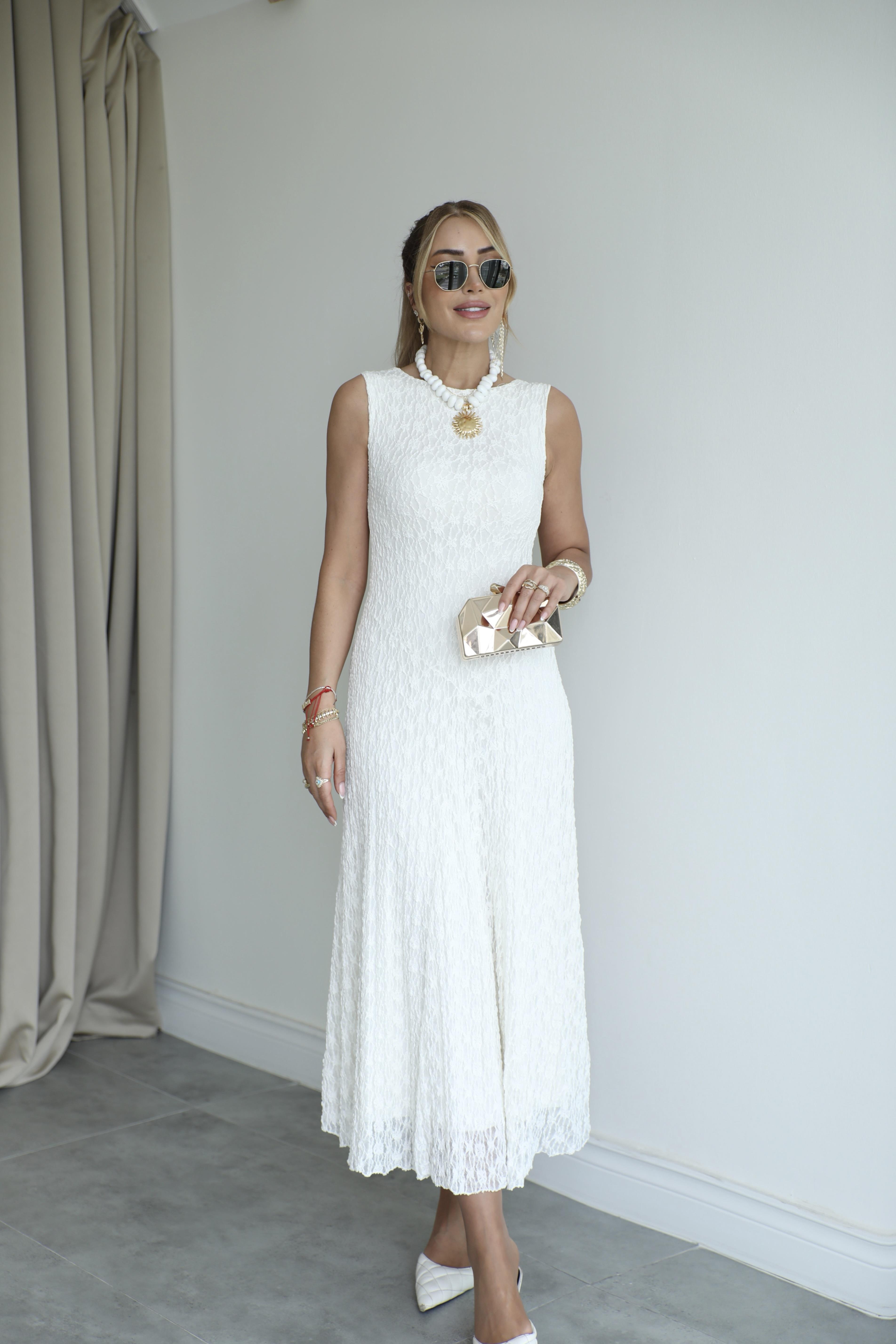 Beyaz Kalın Askılı Dantel Maxi Elbise