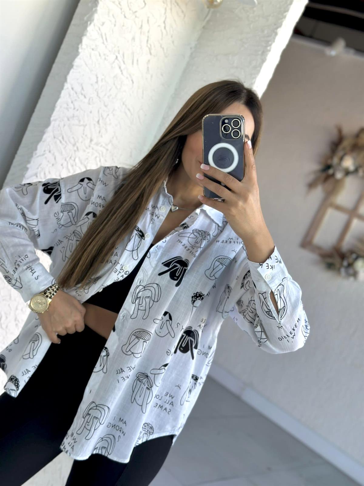 Beyaz Karikatür Baskılı Gömlek