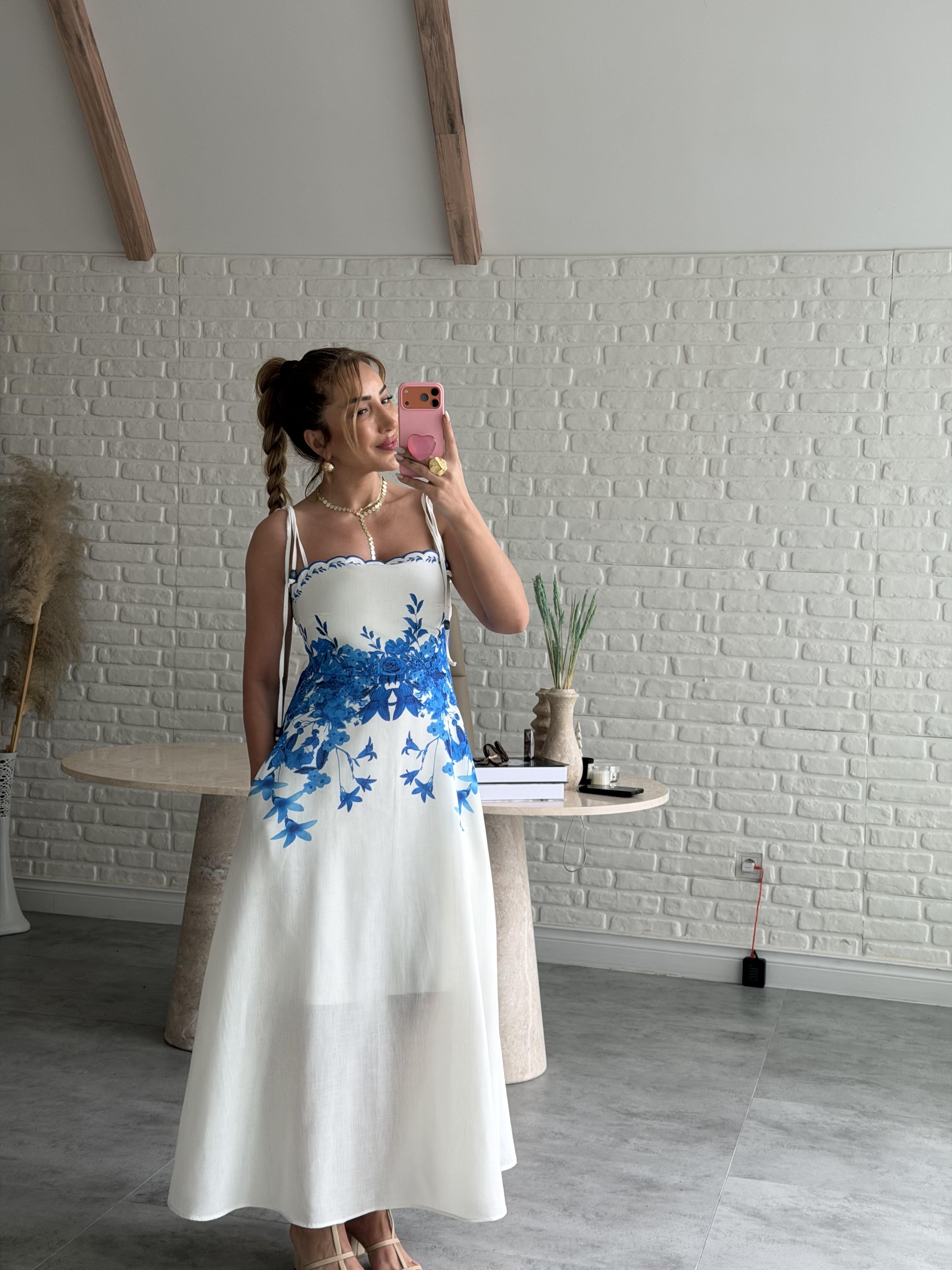 Beyaz Lacivert Çiçekli Askıları Bağlamalı Keten Elbise