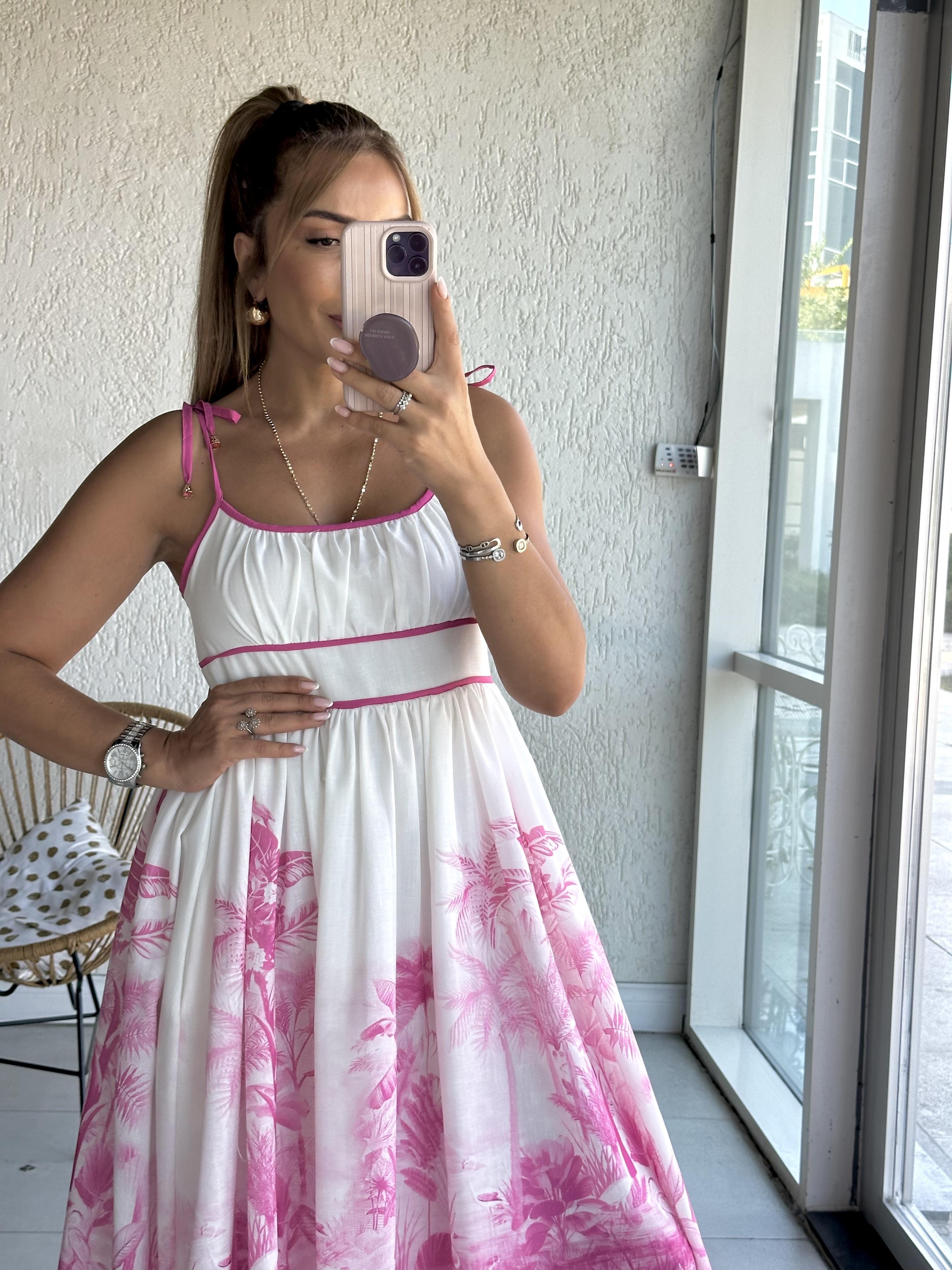 Beyaz Pembe Desenli Askıları Bağlamalı Elbise