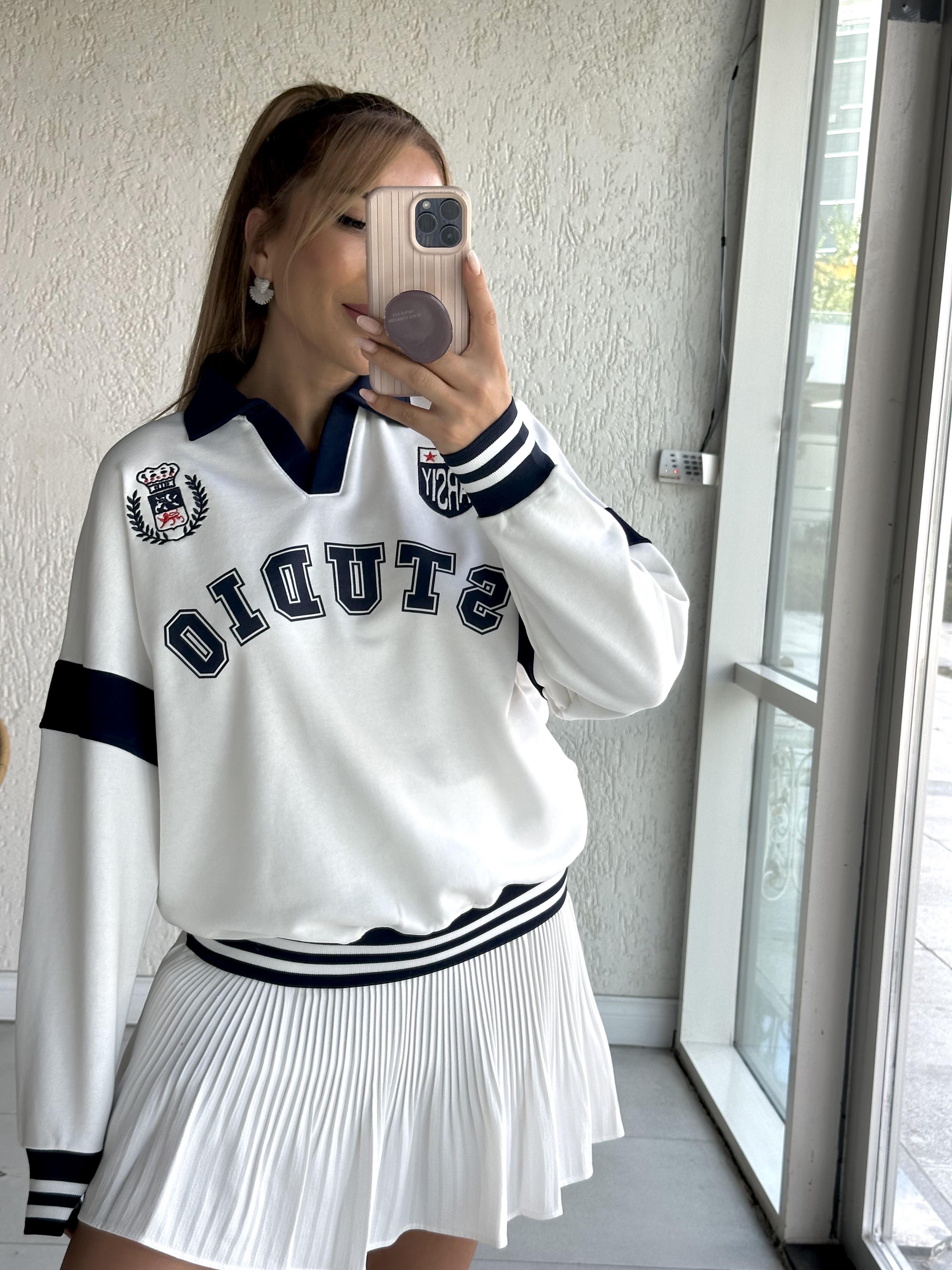 Beyaz Polo Yaka Studio Sweat