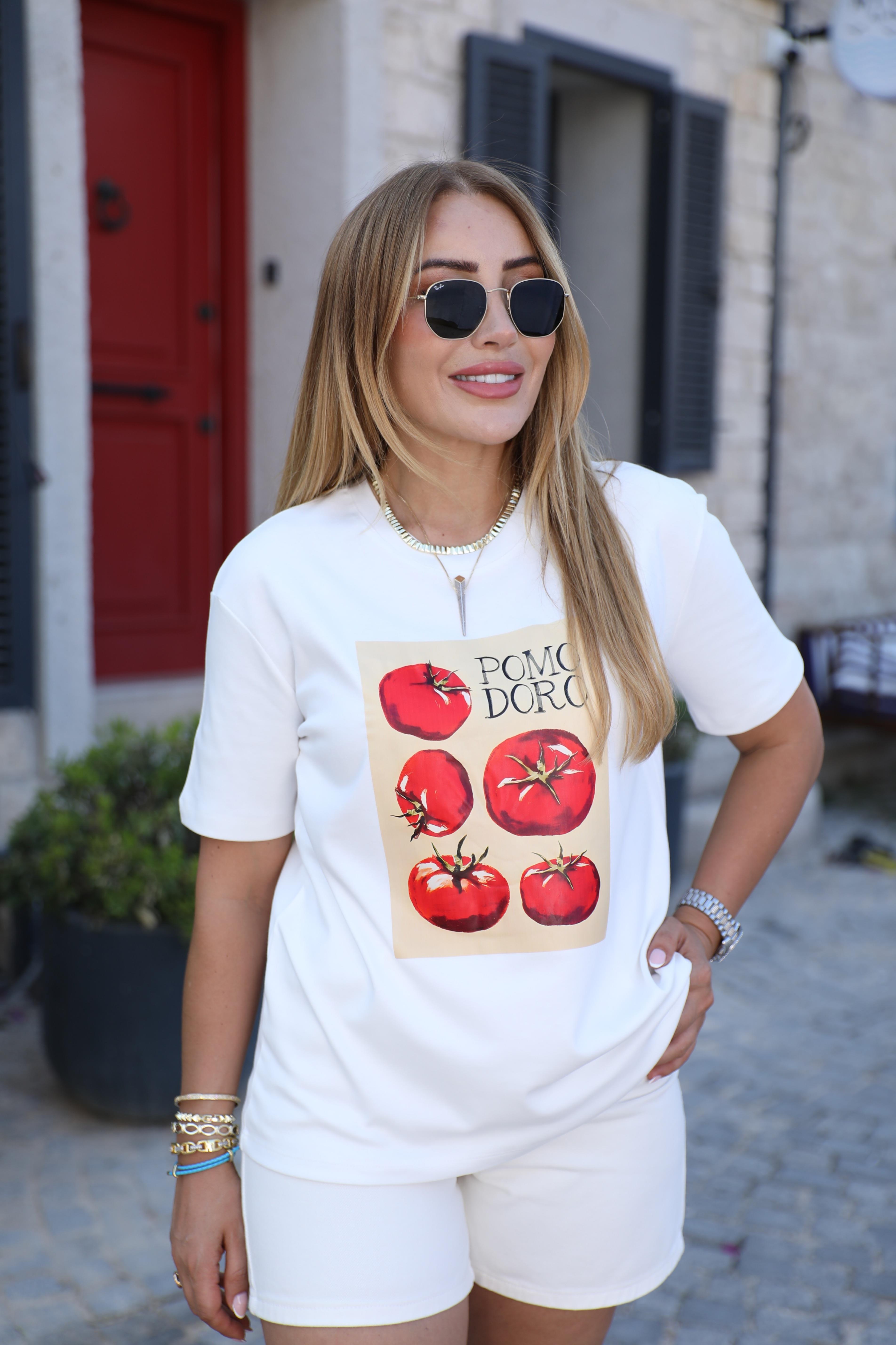 Beyaz Pomodo Baskılı T-shirt 