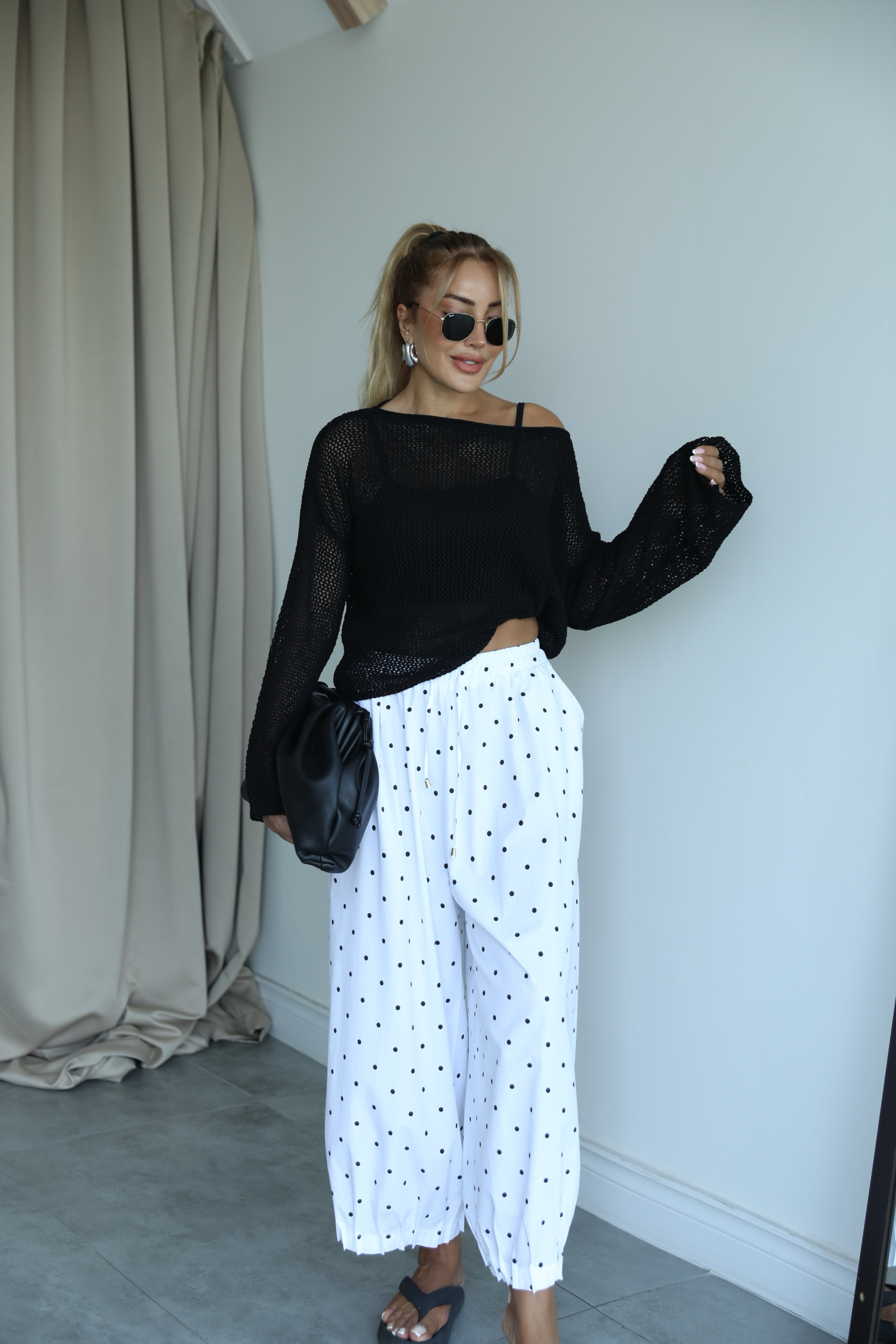 Beyaz Siyah Puantiyeli Poplin Baggy Pantolon 
