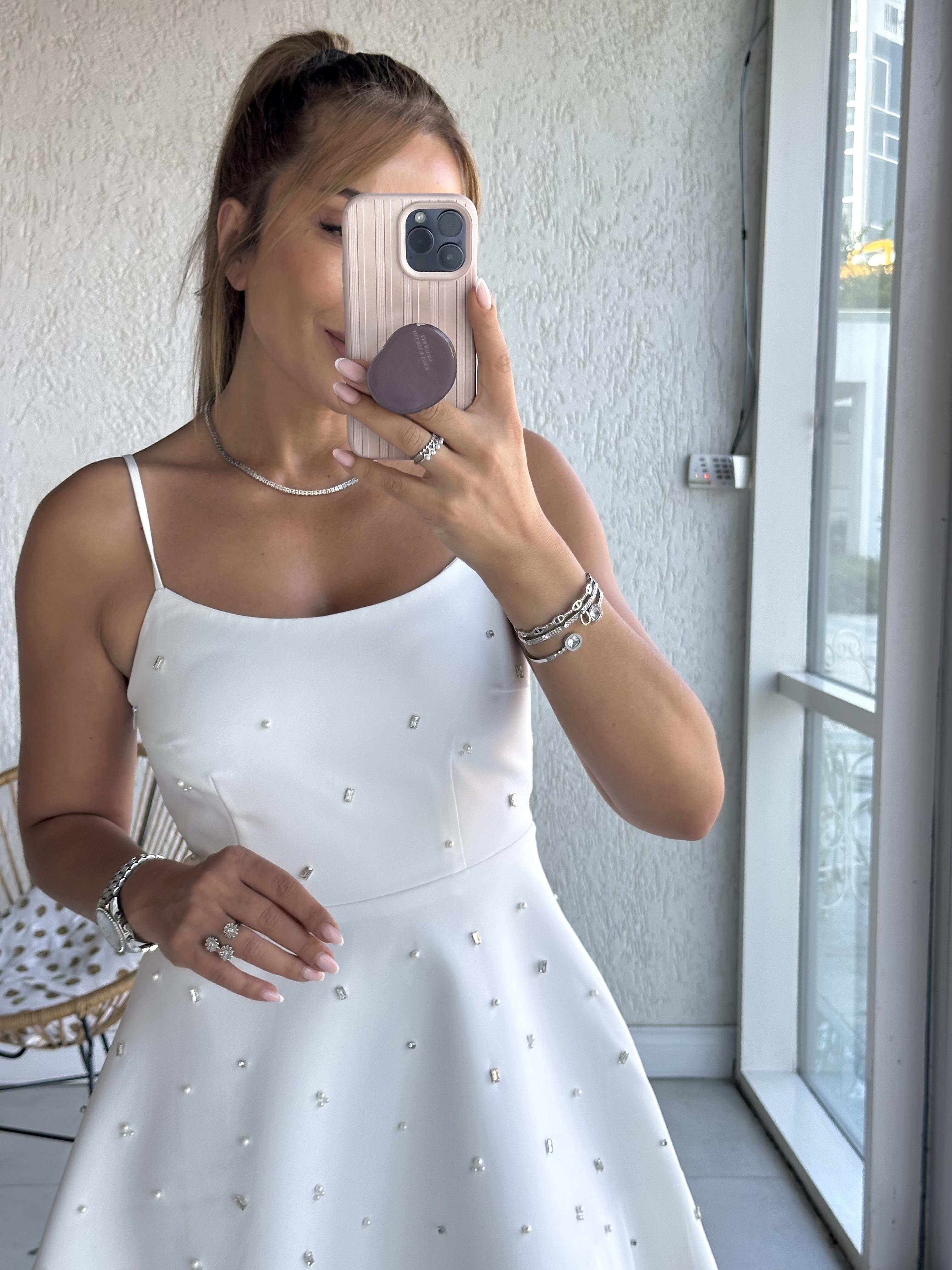 Beyaz Taşlı Askılı Mini Elbise