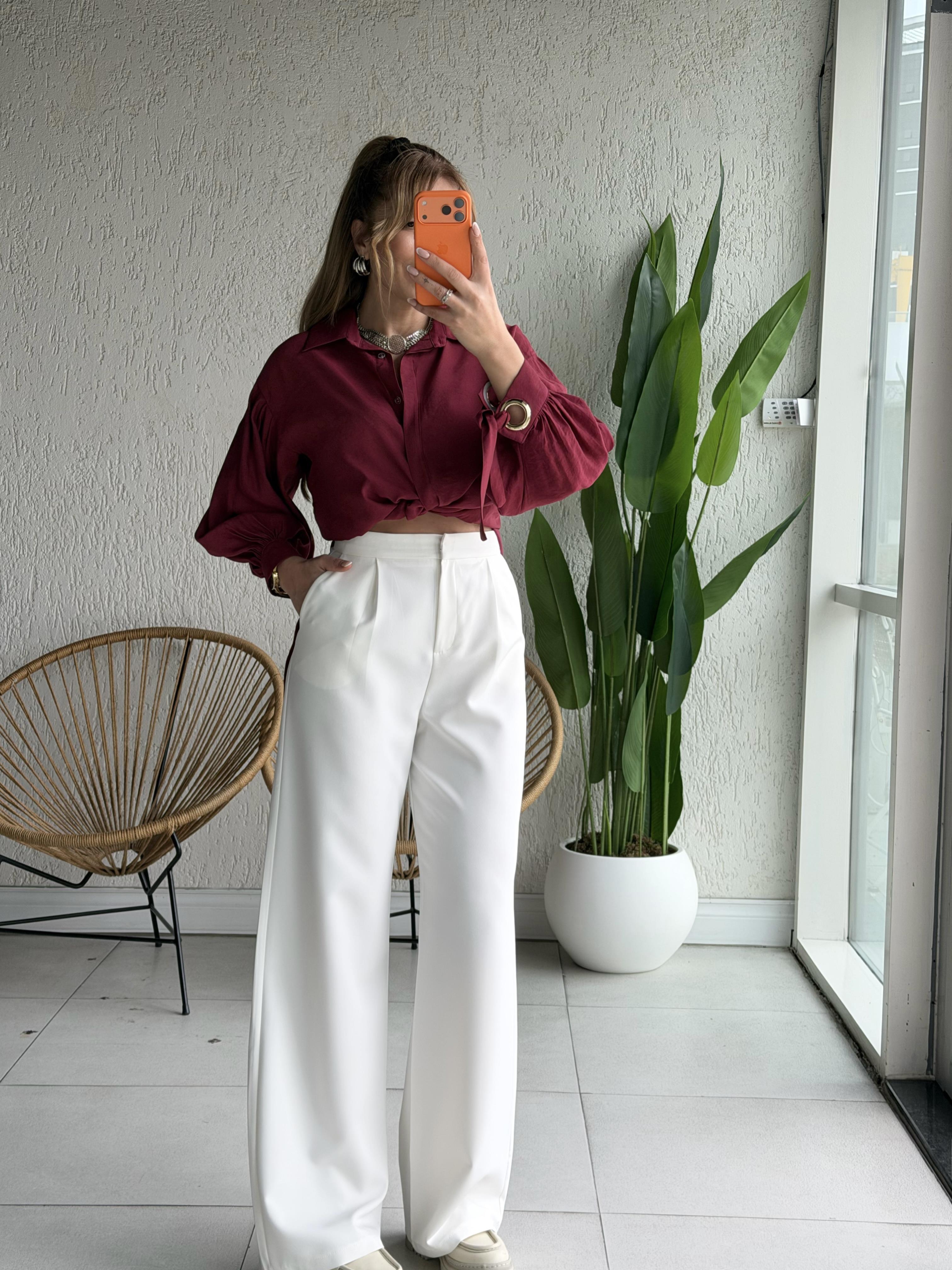 Beyaz Tok Dokulu Pantolon 