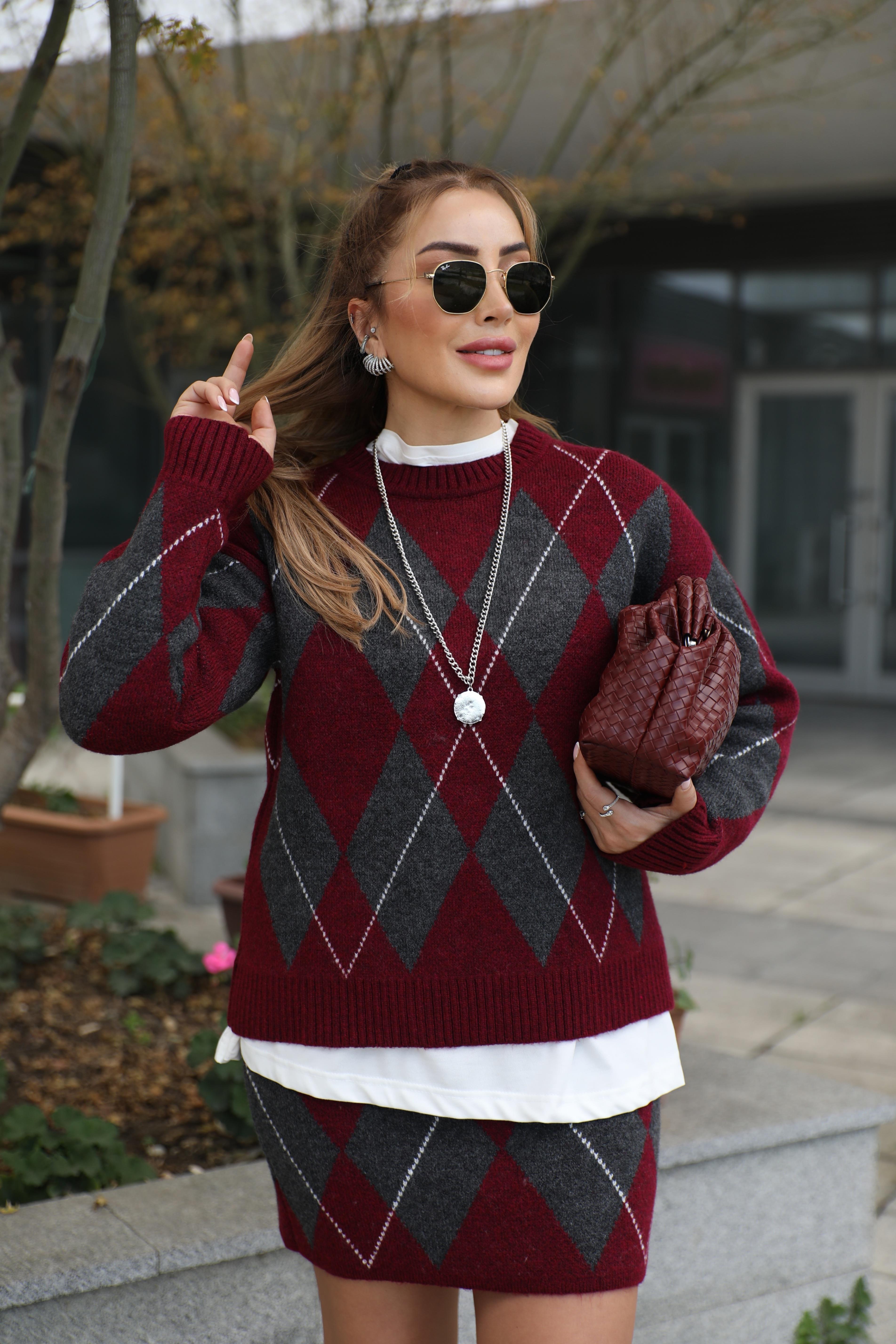 Bordo Antrasit Baklava Örme Takım 