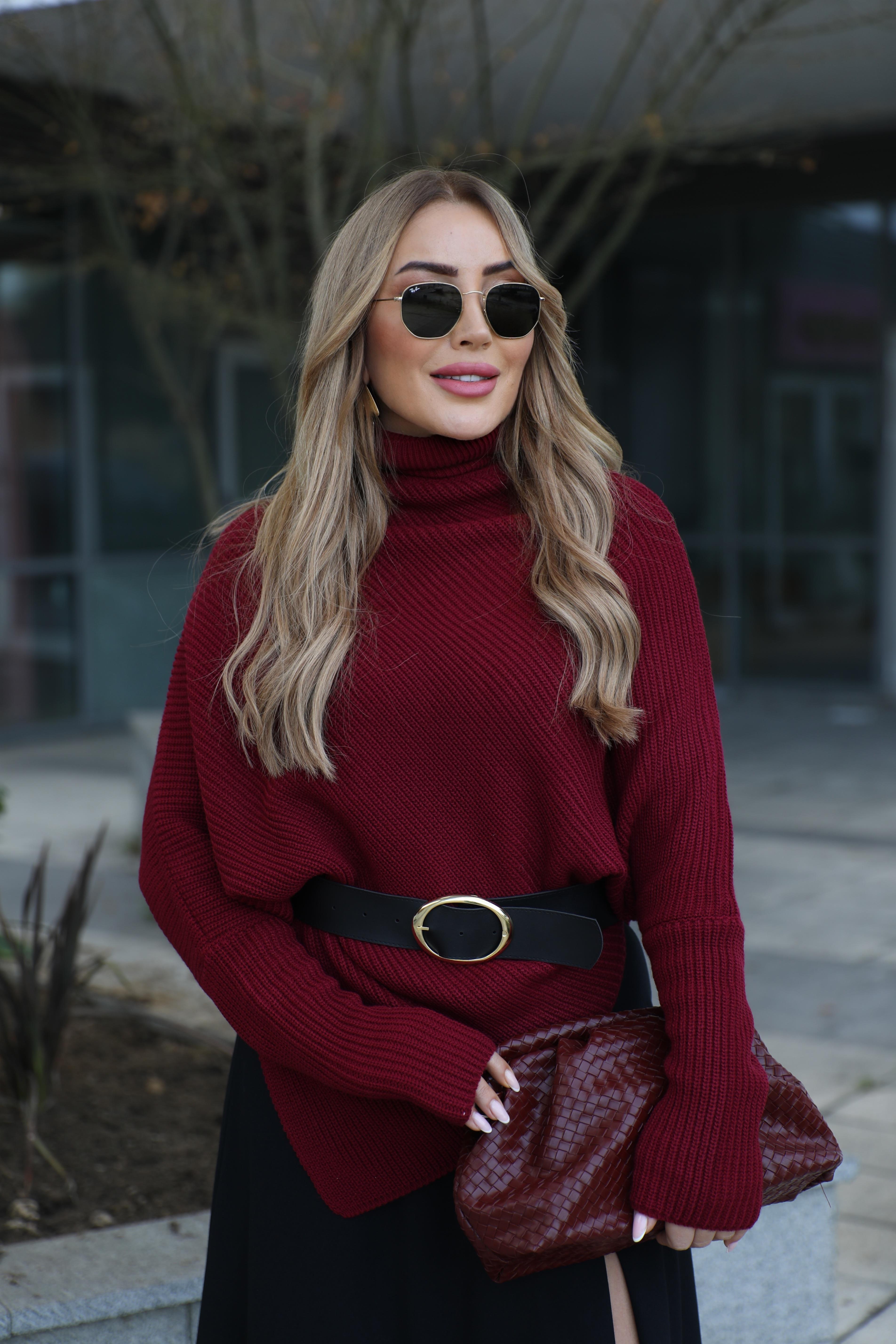 Bordo Balıkçı Asimetrik Triko