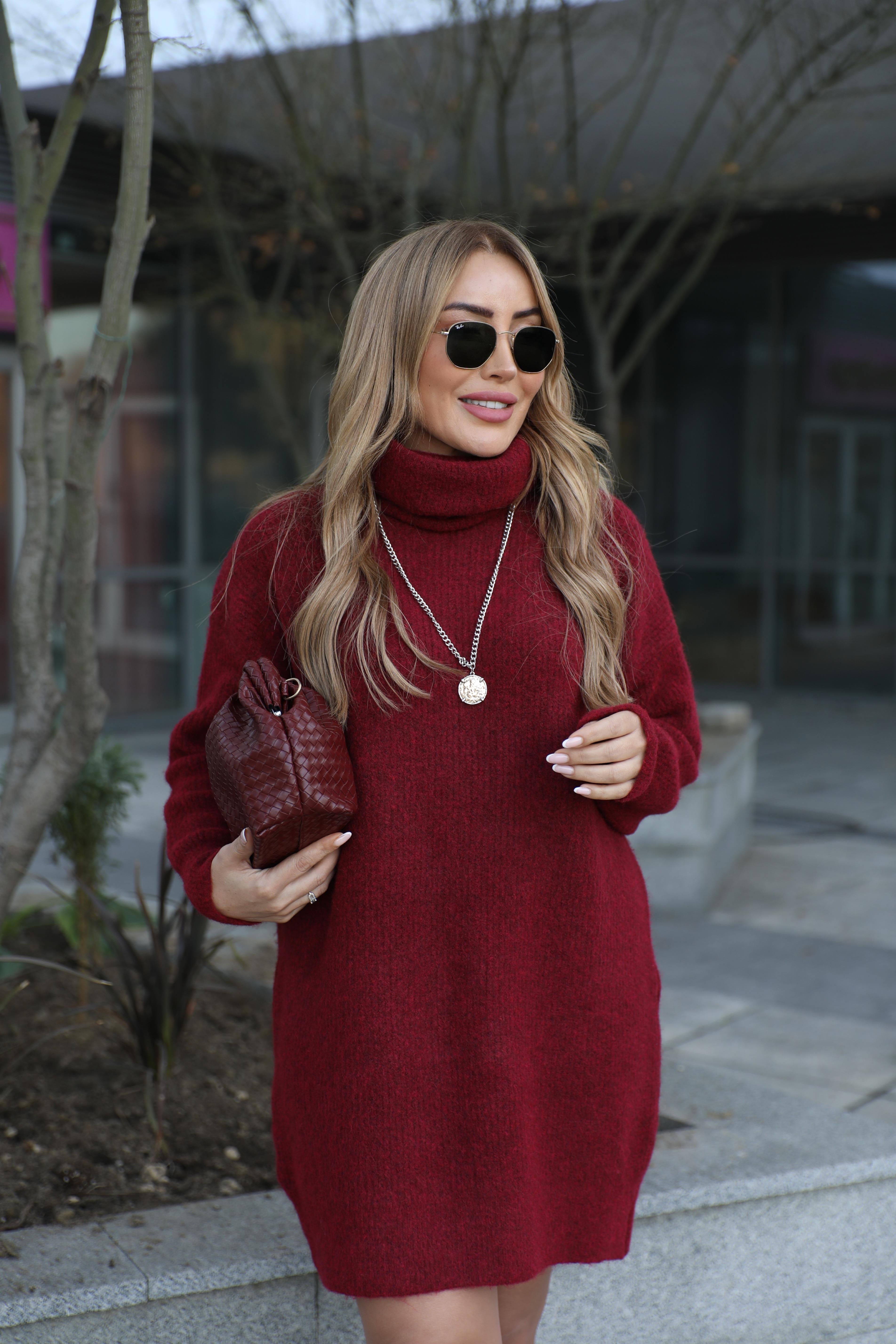 Bordo Balıkçı Dokulu Elbise 