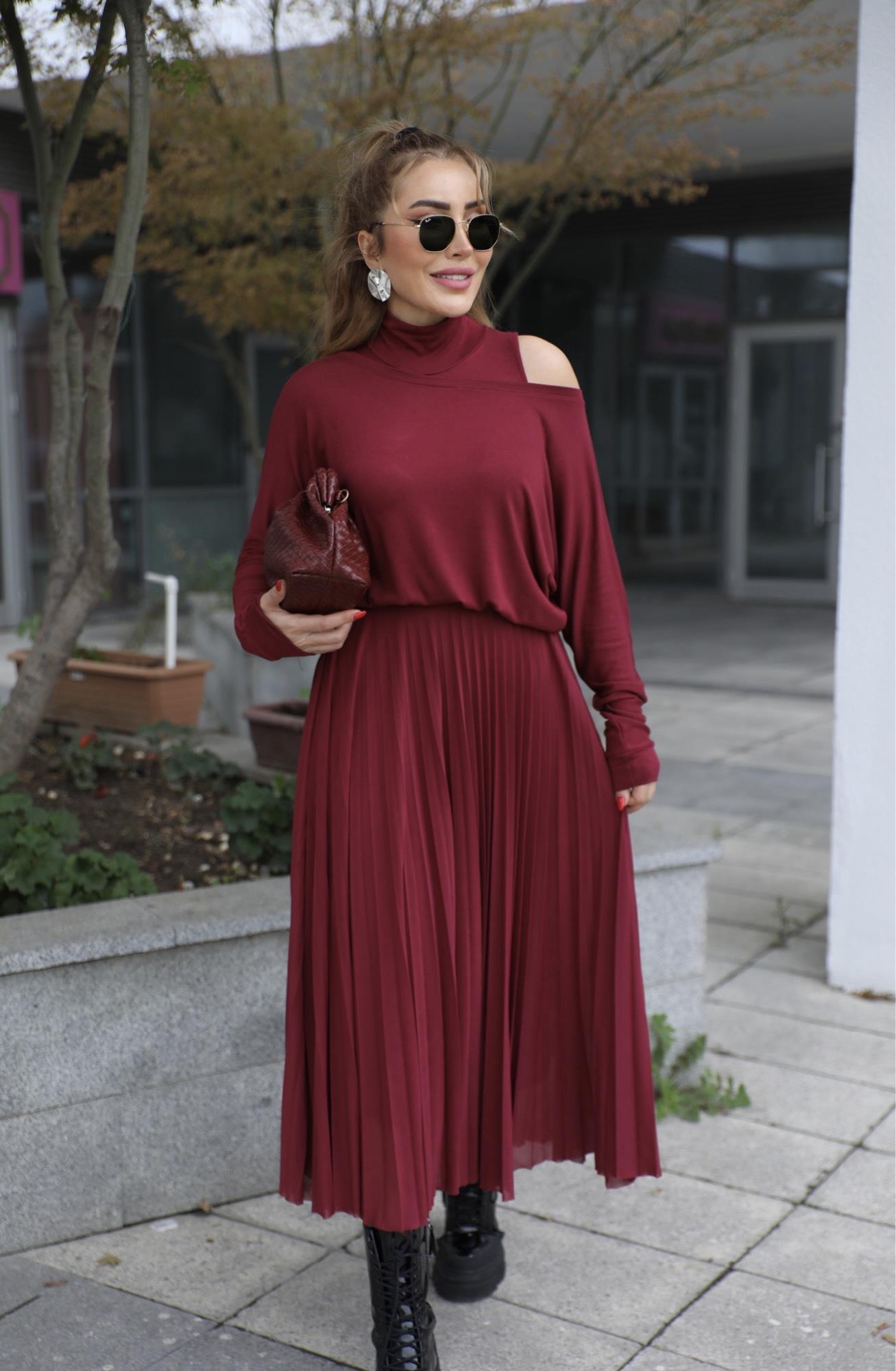 Bordo Balıkçı Triko Detaylı Elbise 