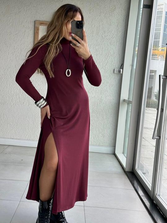 Bordo Balıkçı Yırtmaçlı Triko Elbise 