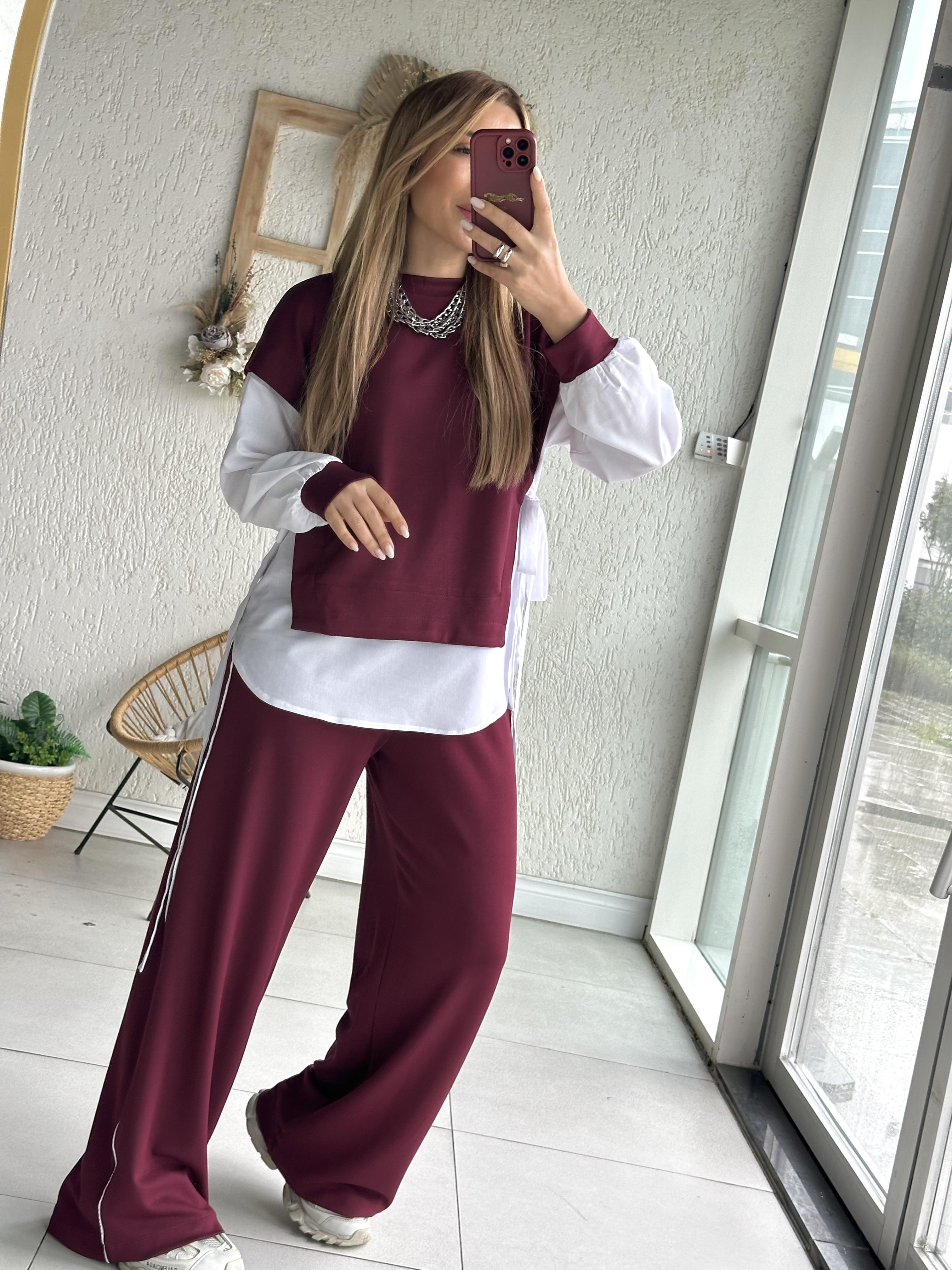 Bordo Beyaz Poplin Detaylı Takım