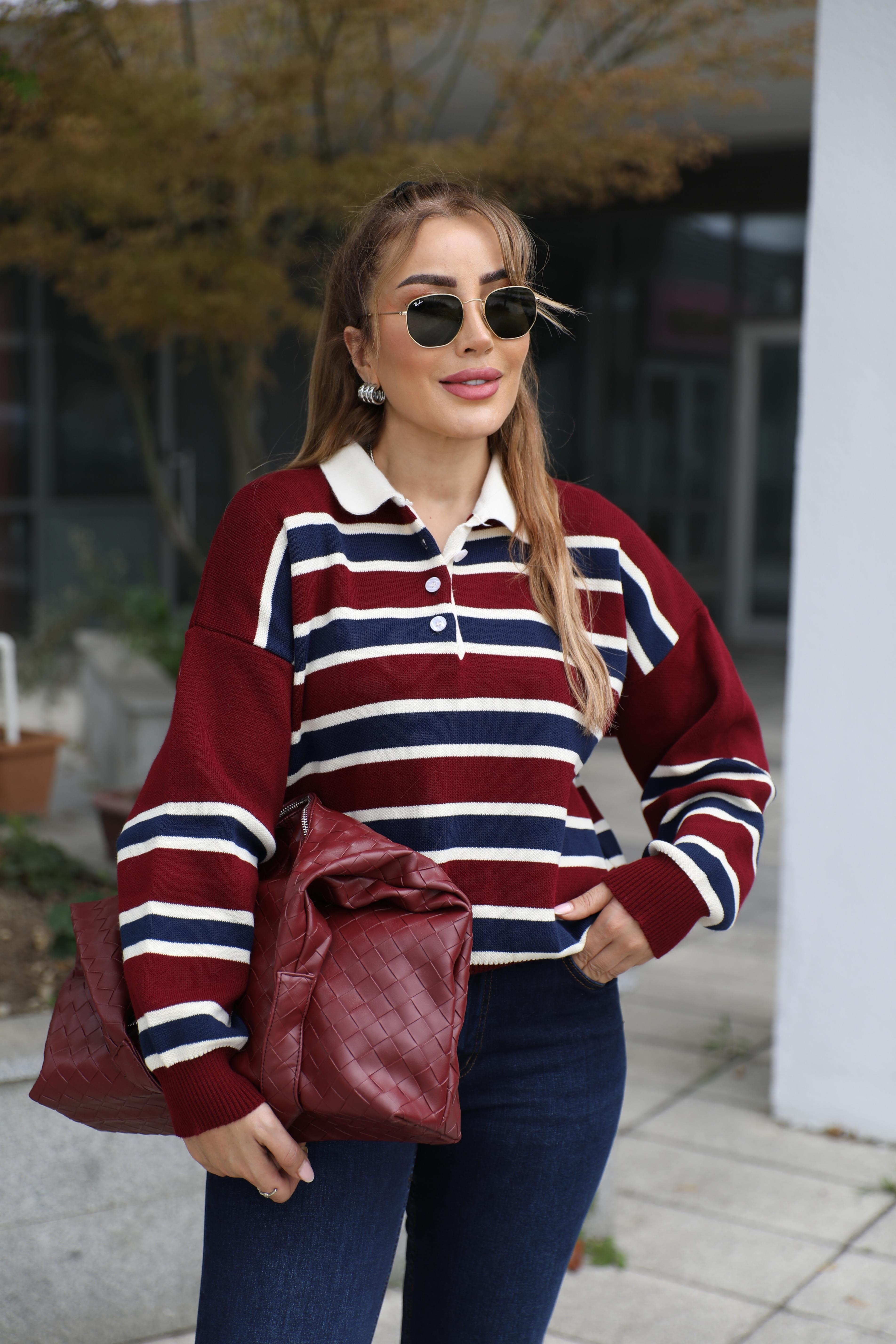 Bordo Çizgili Polo Yaka Triko