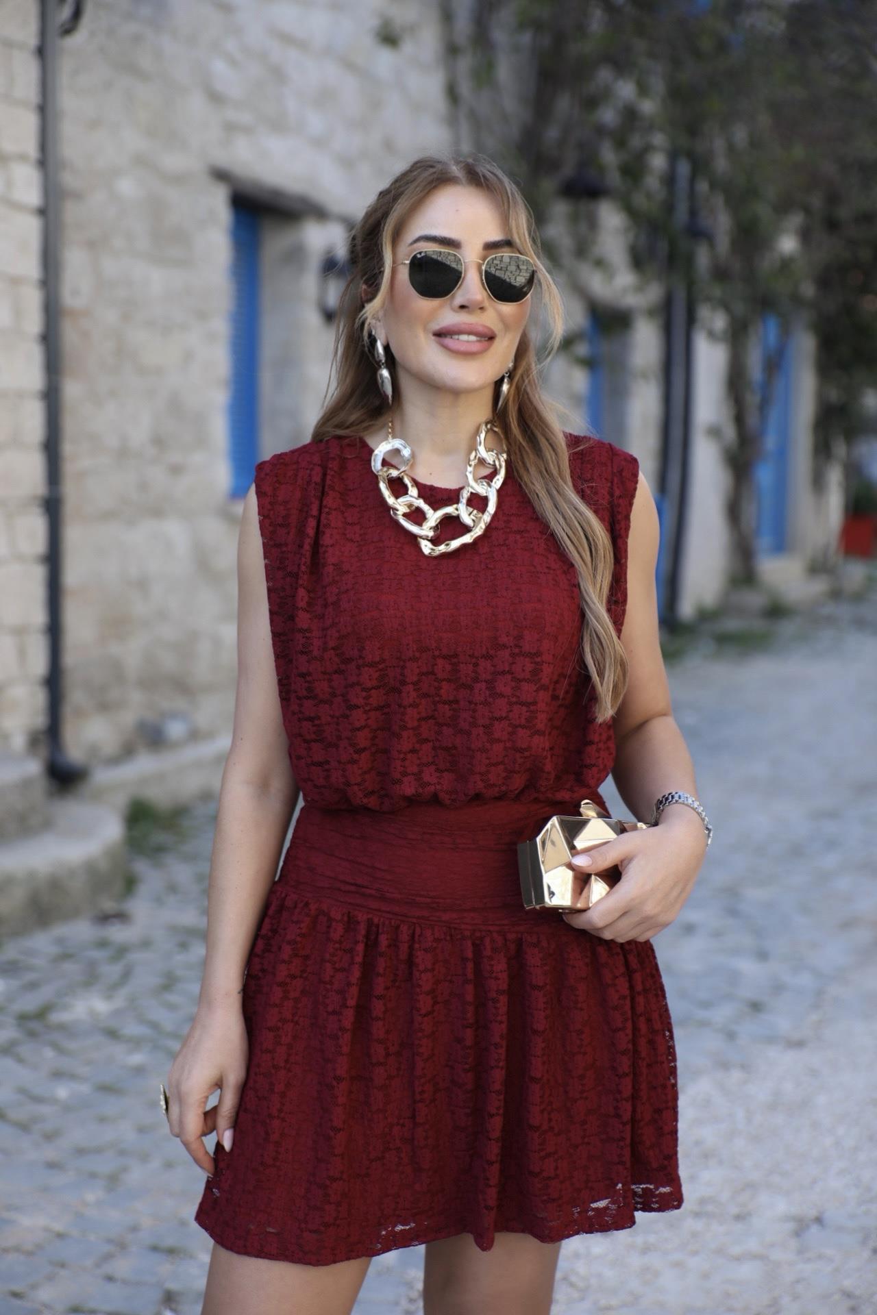 Bordo Dantel Askılı Drapeli Elbise 