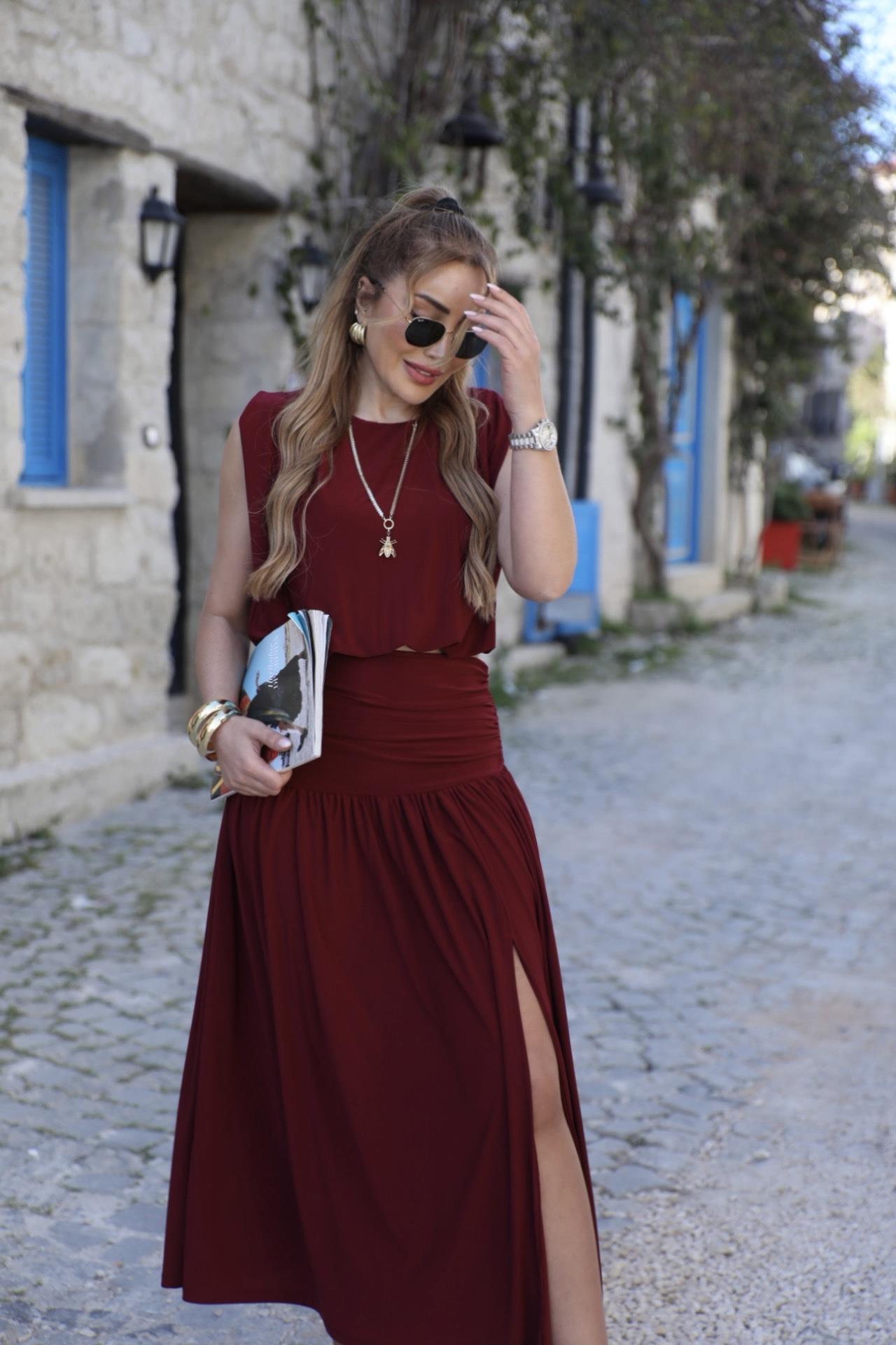 Bordo Drapeli Etek Bluz Takım 