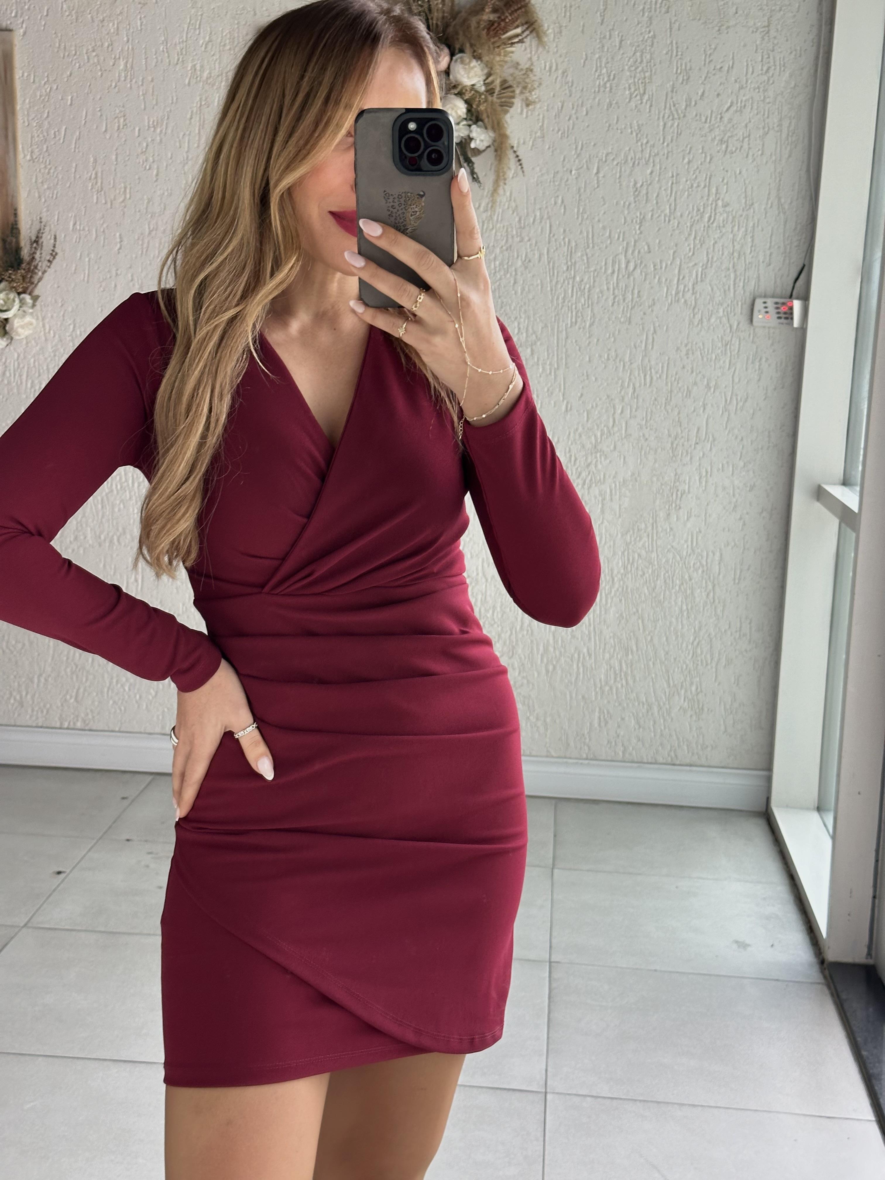 Bordo Drapeli Kruvaze Elbise