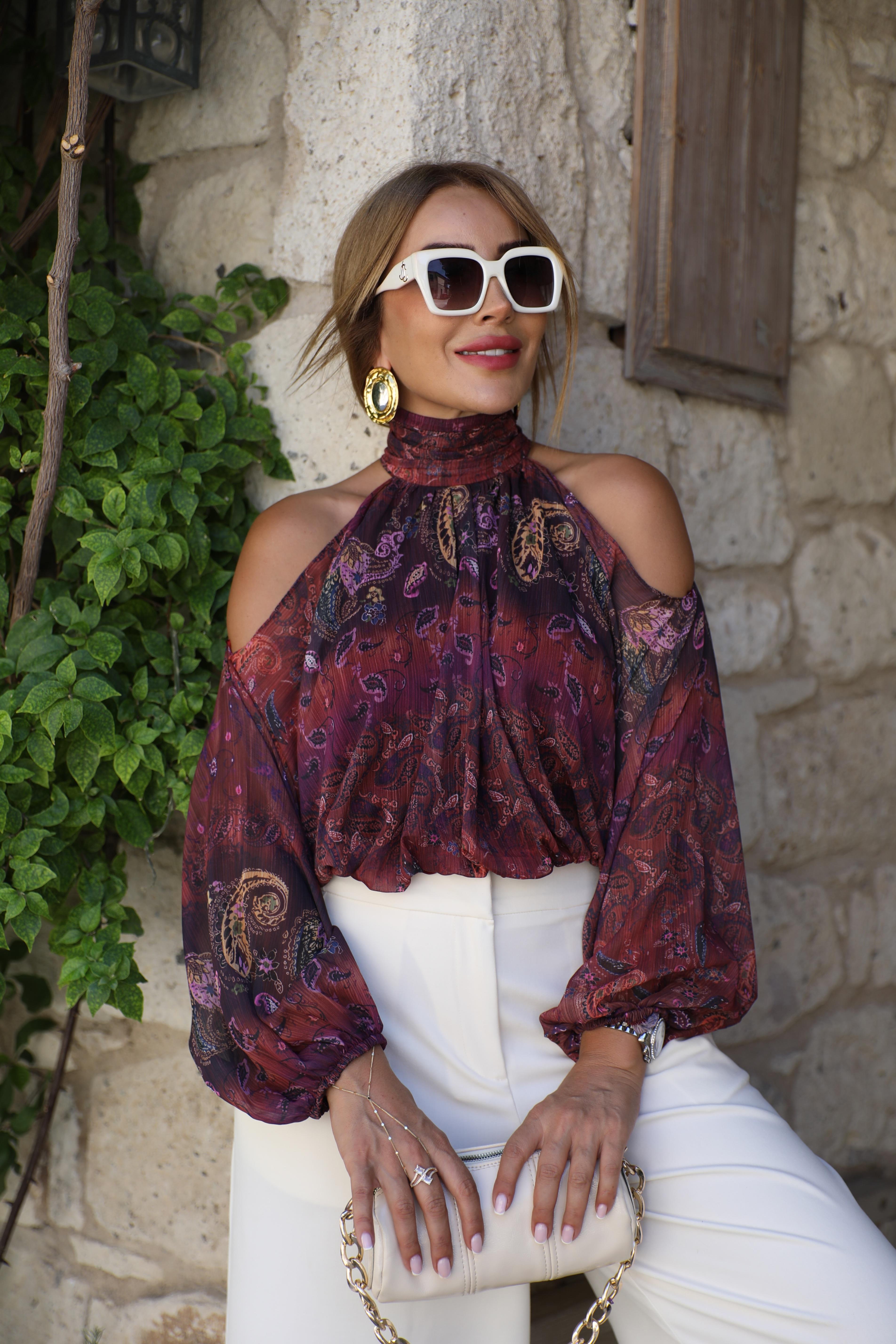 Bordo Etnik Desenli Omuz Dekolteli Gömlek Bluz