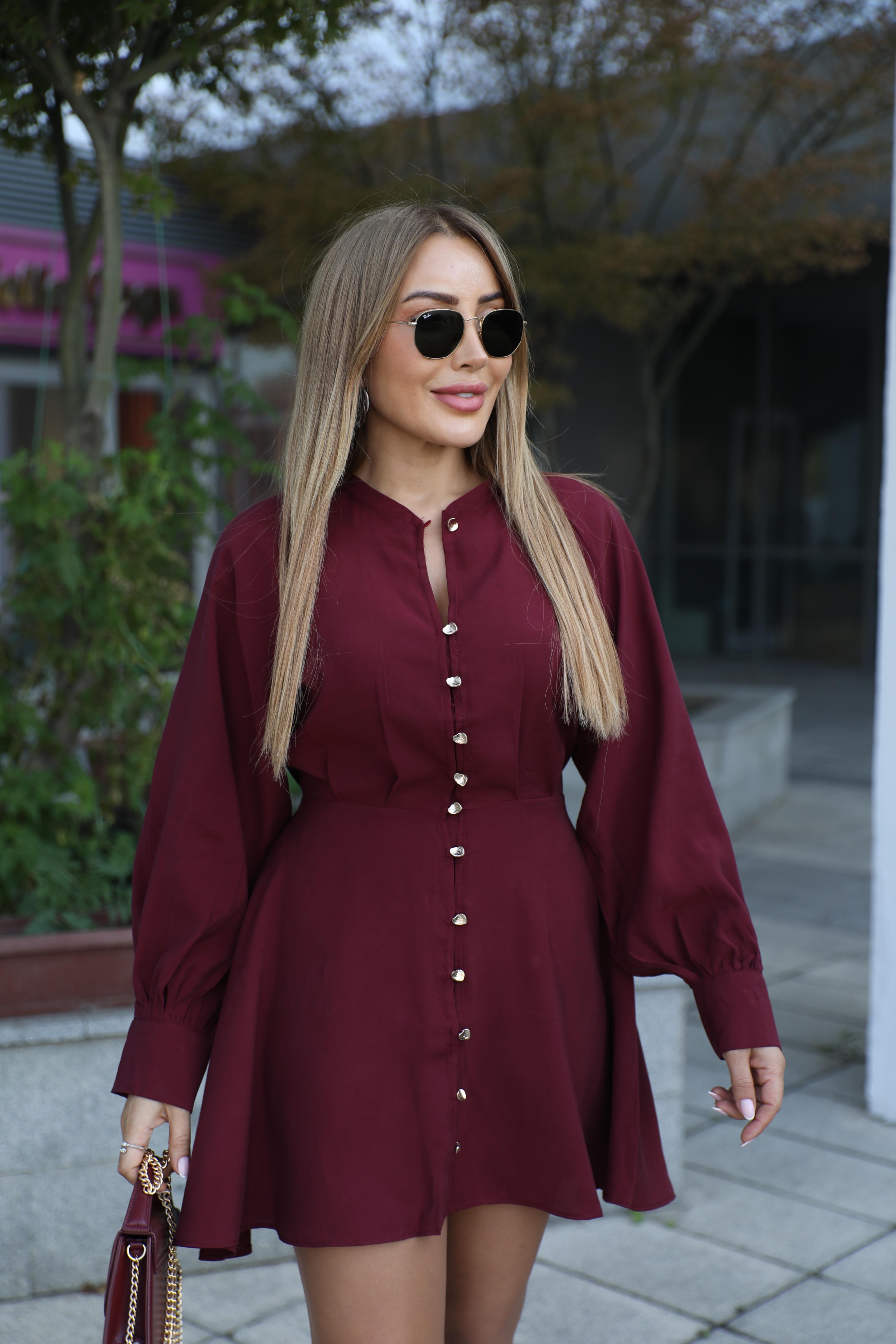 Bordo Gold Düğme Detaylı Kısa Elbise