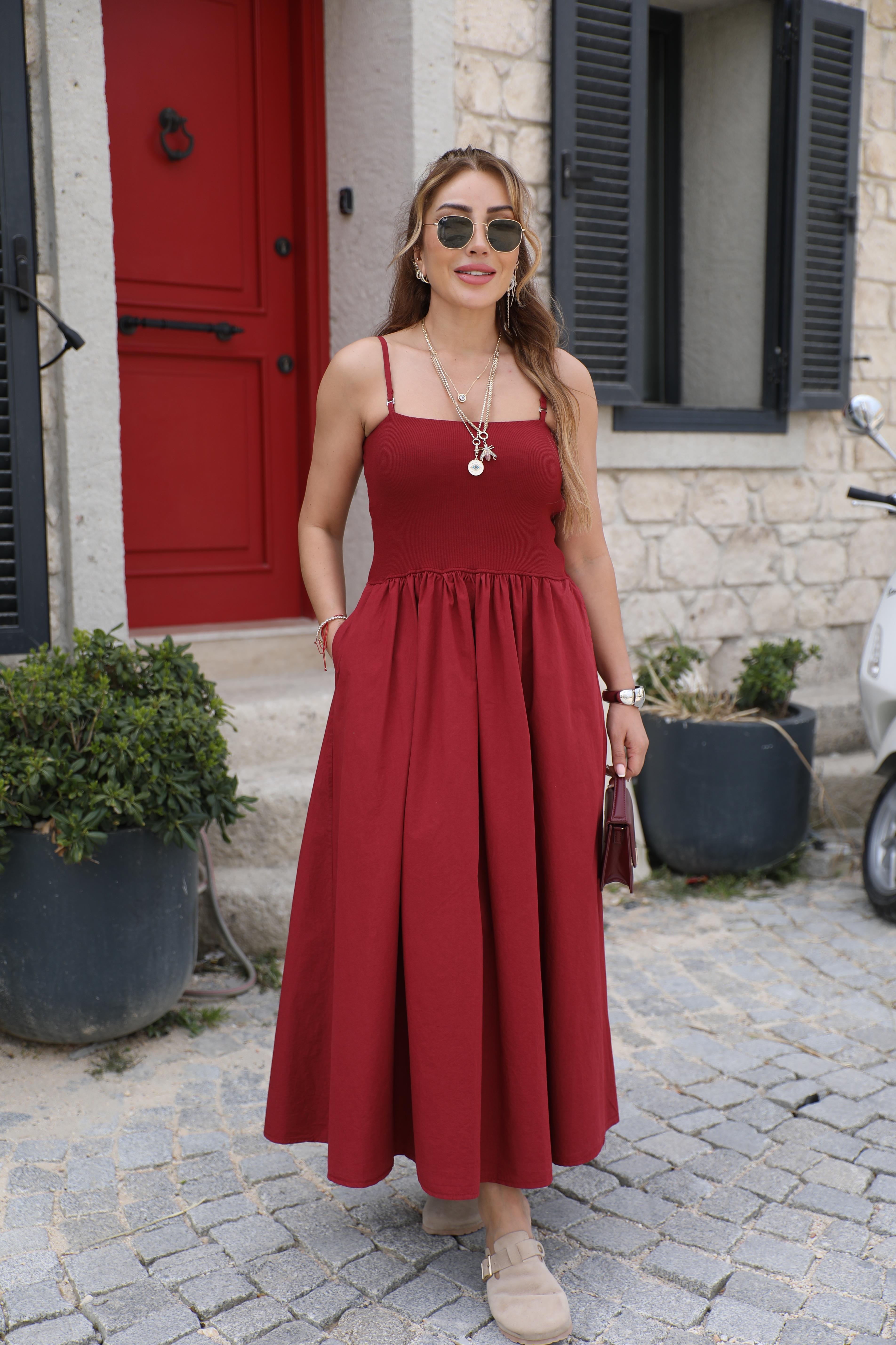 Bordo İnce Askılı Eteği Poplin Elbise