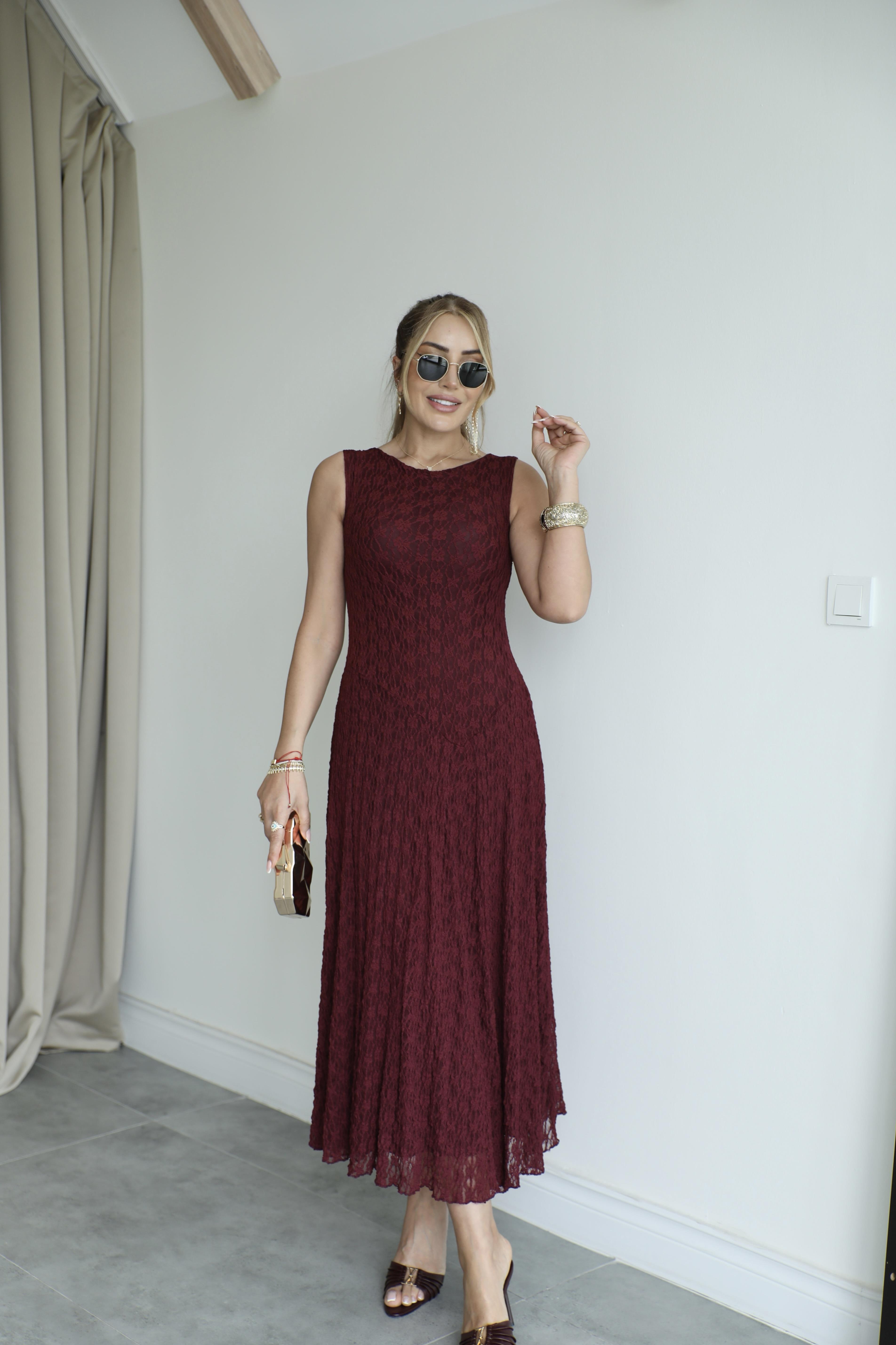 Bordo Kalın Askılı Dantel Maxi Elbise