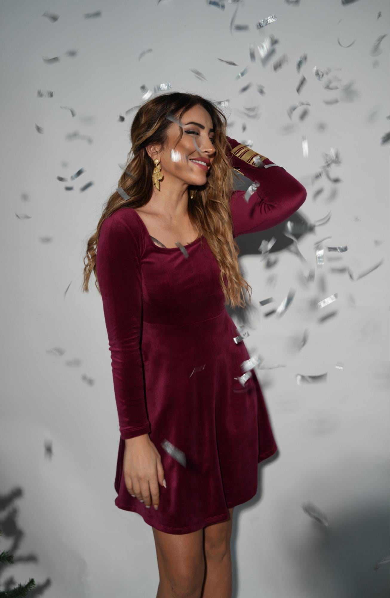 Bordo Kare Yaka Kadife Elbise