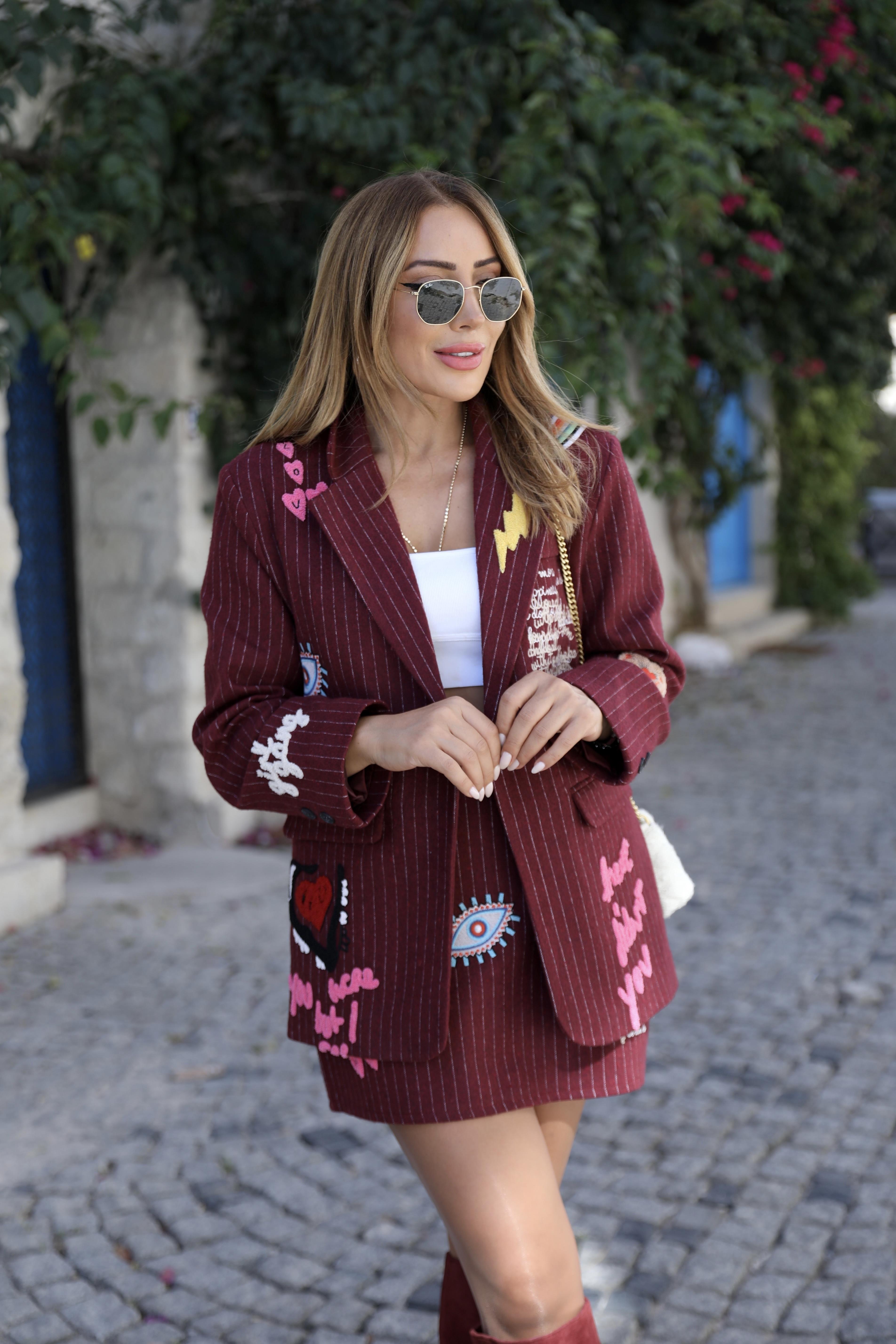 Bordo Kaşe Armalı Blazer Ceket