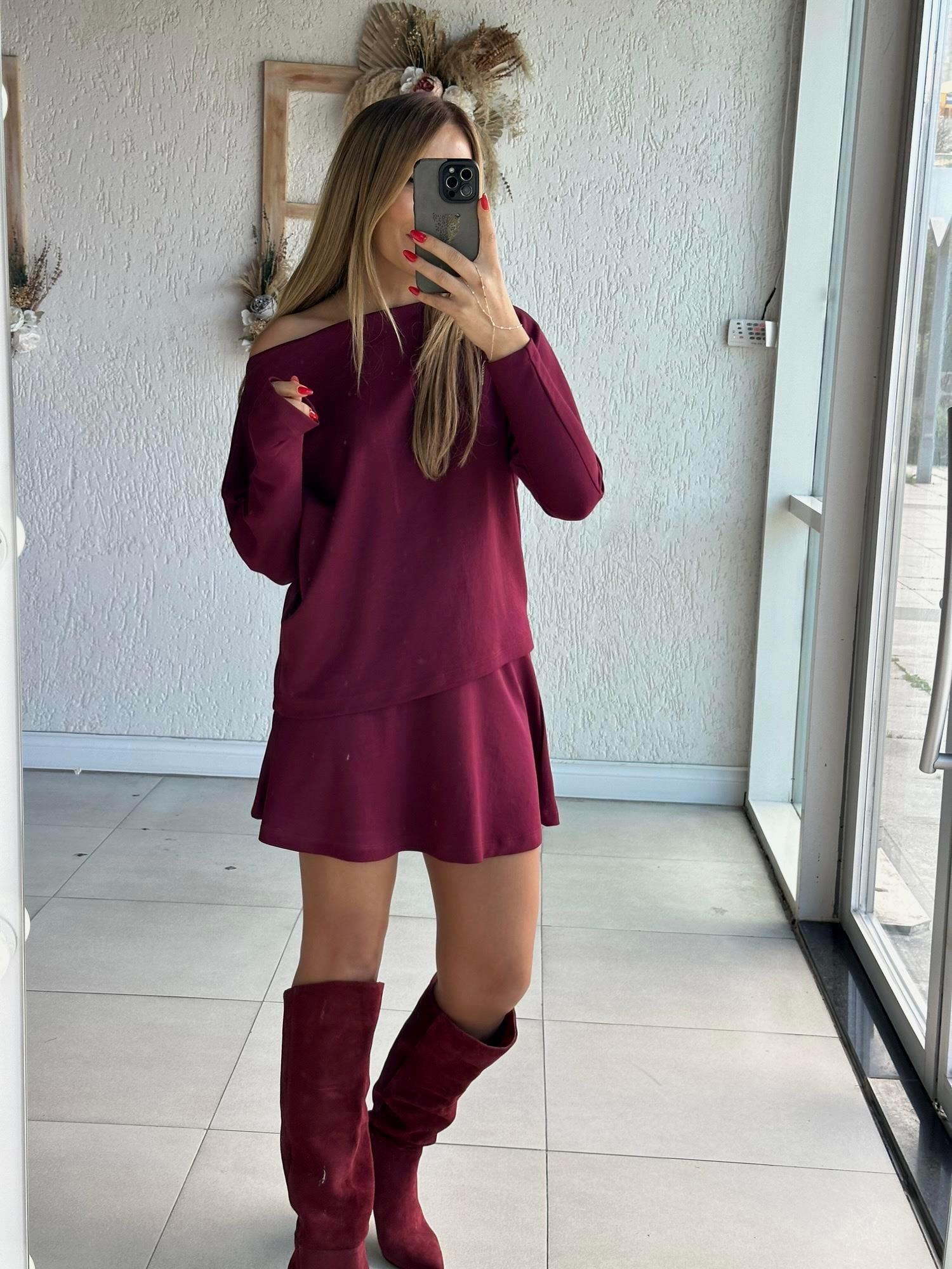 Bordo Kayık Yaka Etek Bluz Takım