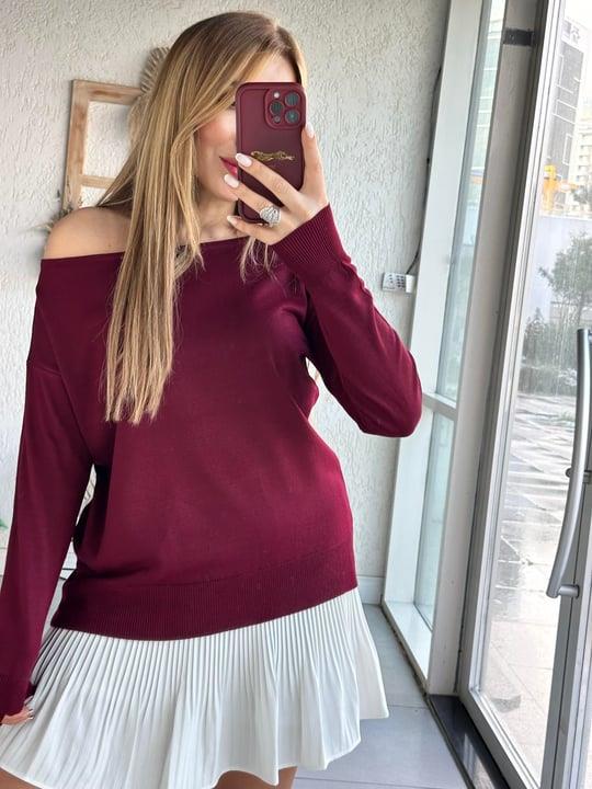 Bordo Kayık Yaka Triko Bluz