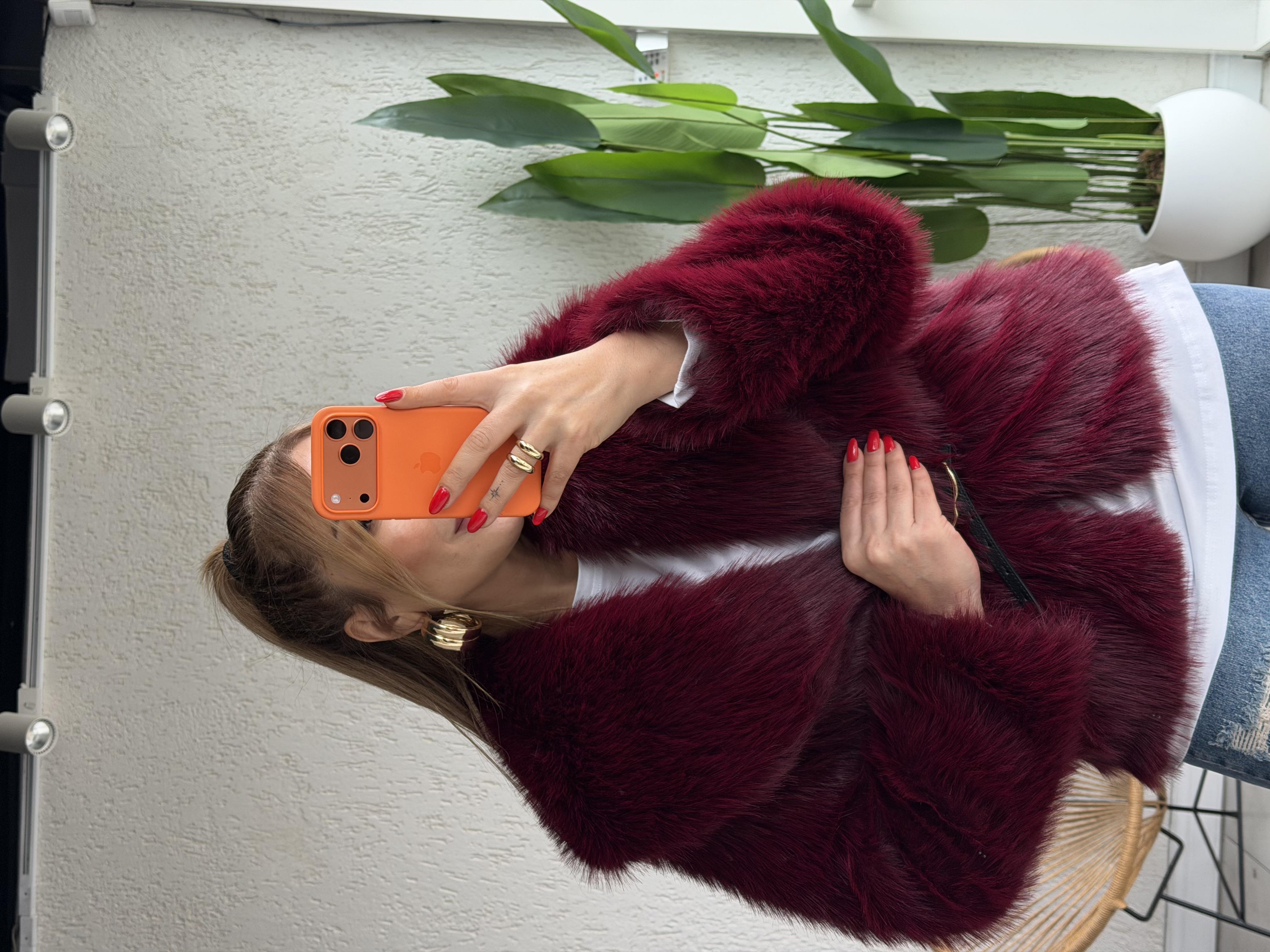 Bordo Kemerli Şal Yaka Kürk