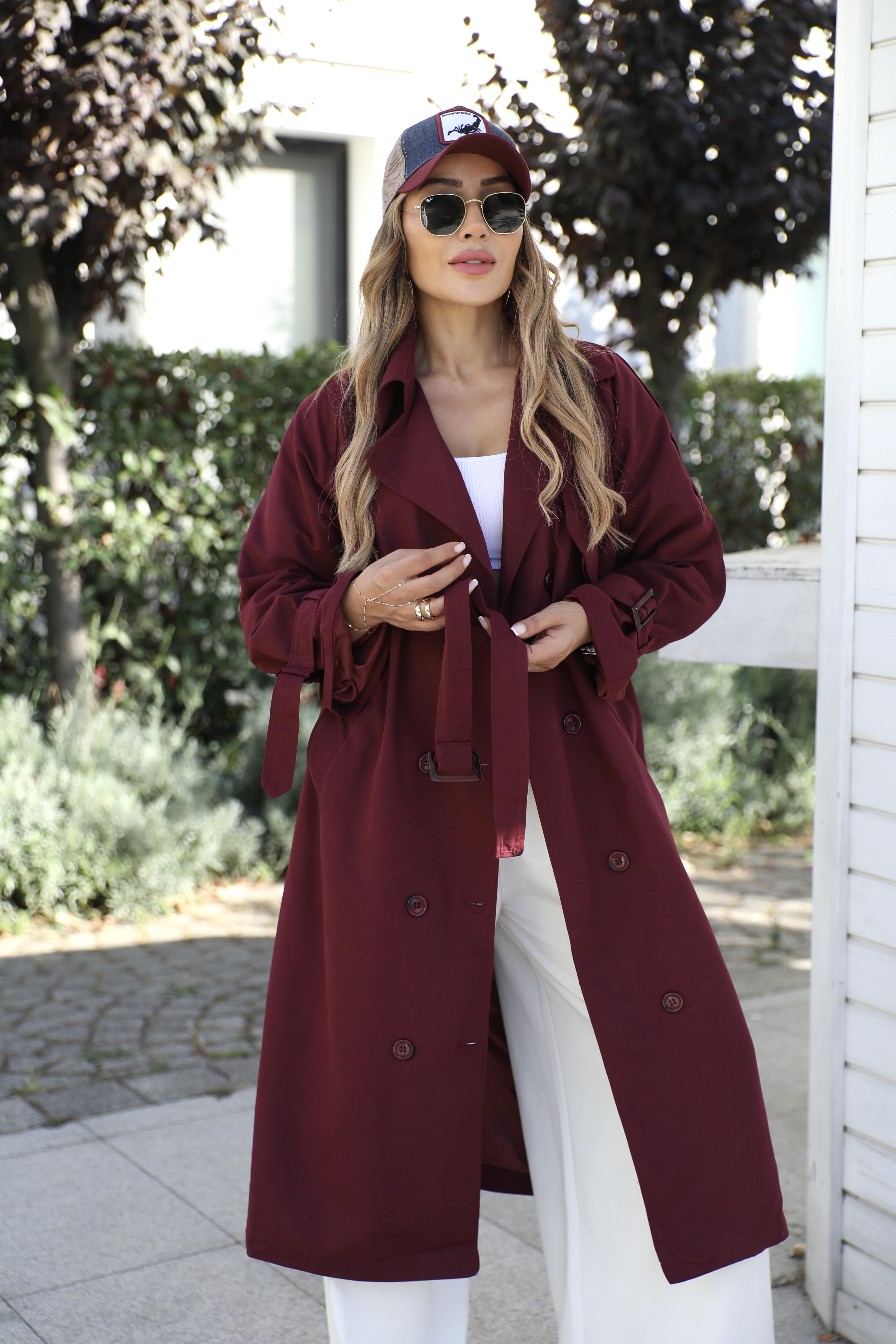 Bordo Oversize Kuşaklı Trenç
