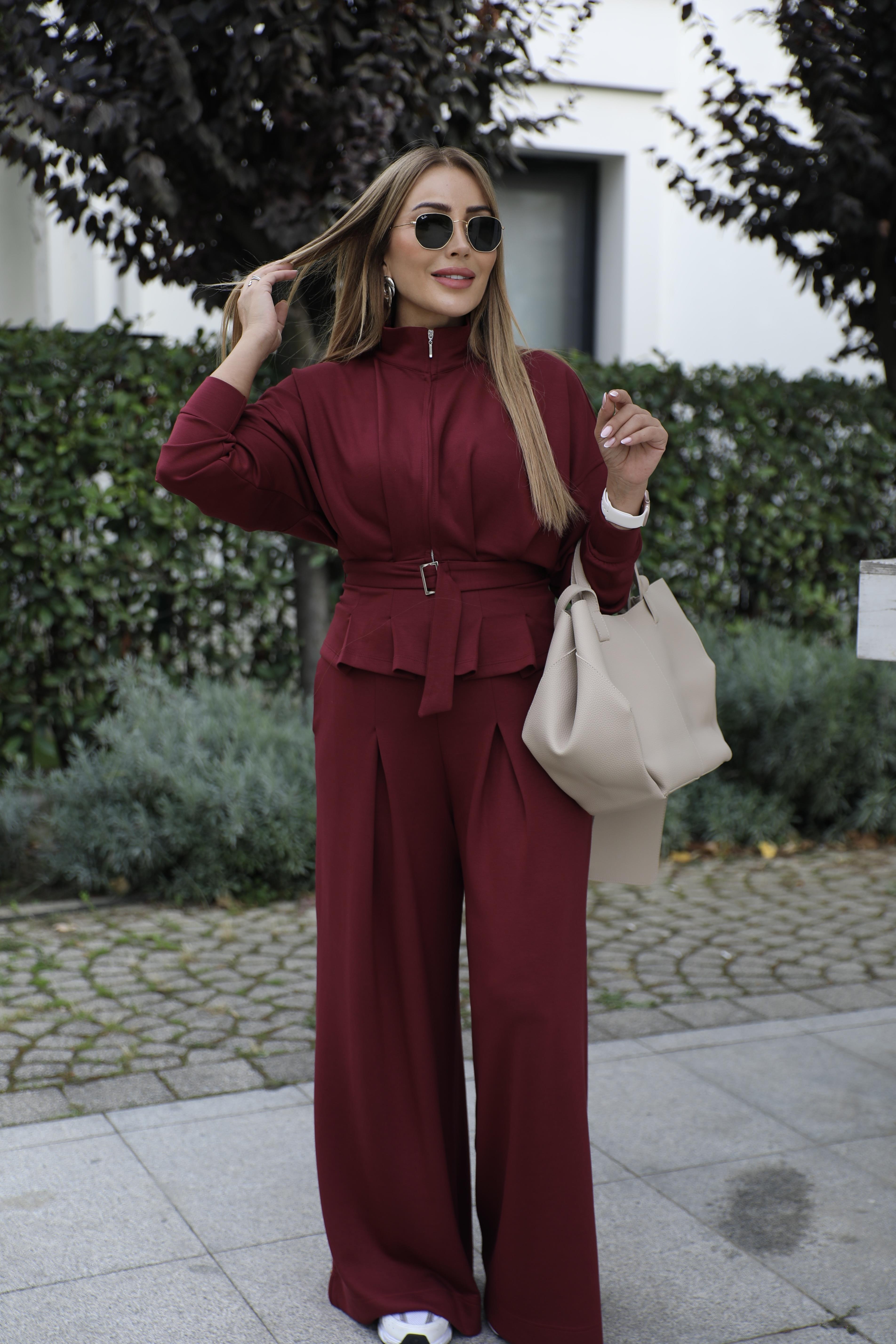 Bordo Pileli Ceket Pantolon Takım