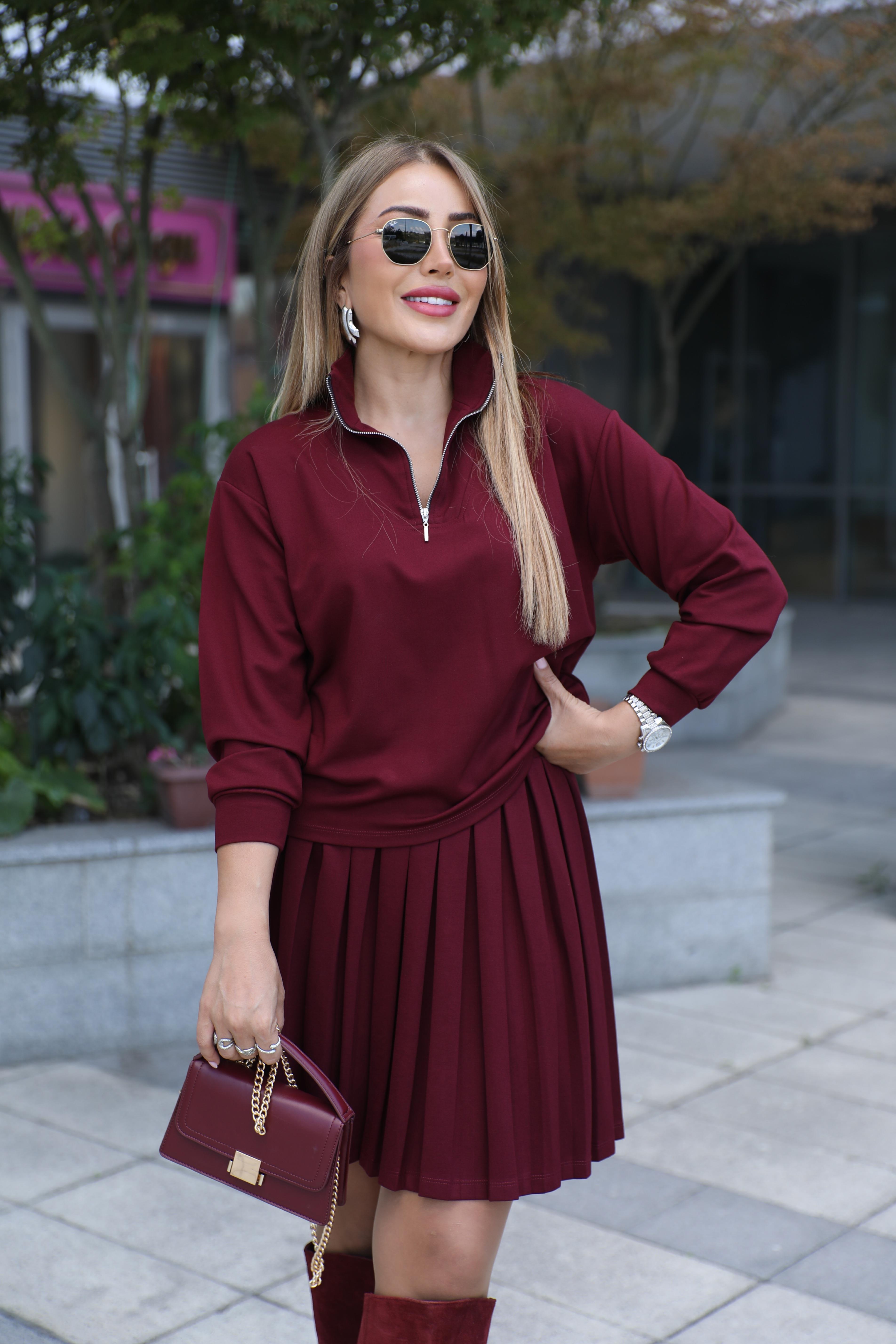 Bordo Piliseli Etek Sweat Takım