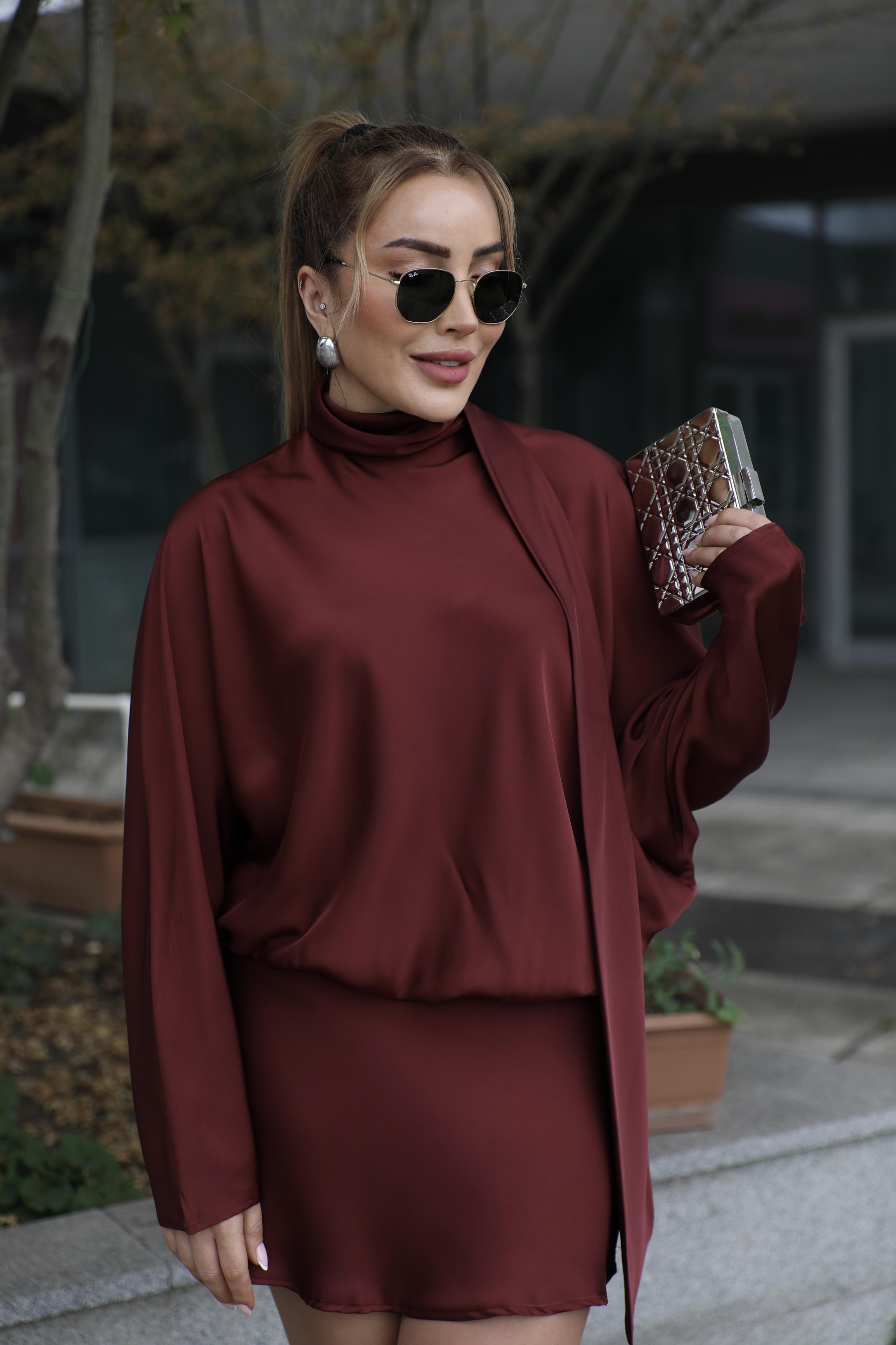 Bordo Saten Fular Detaylı Elbise 