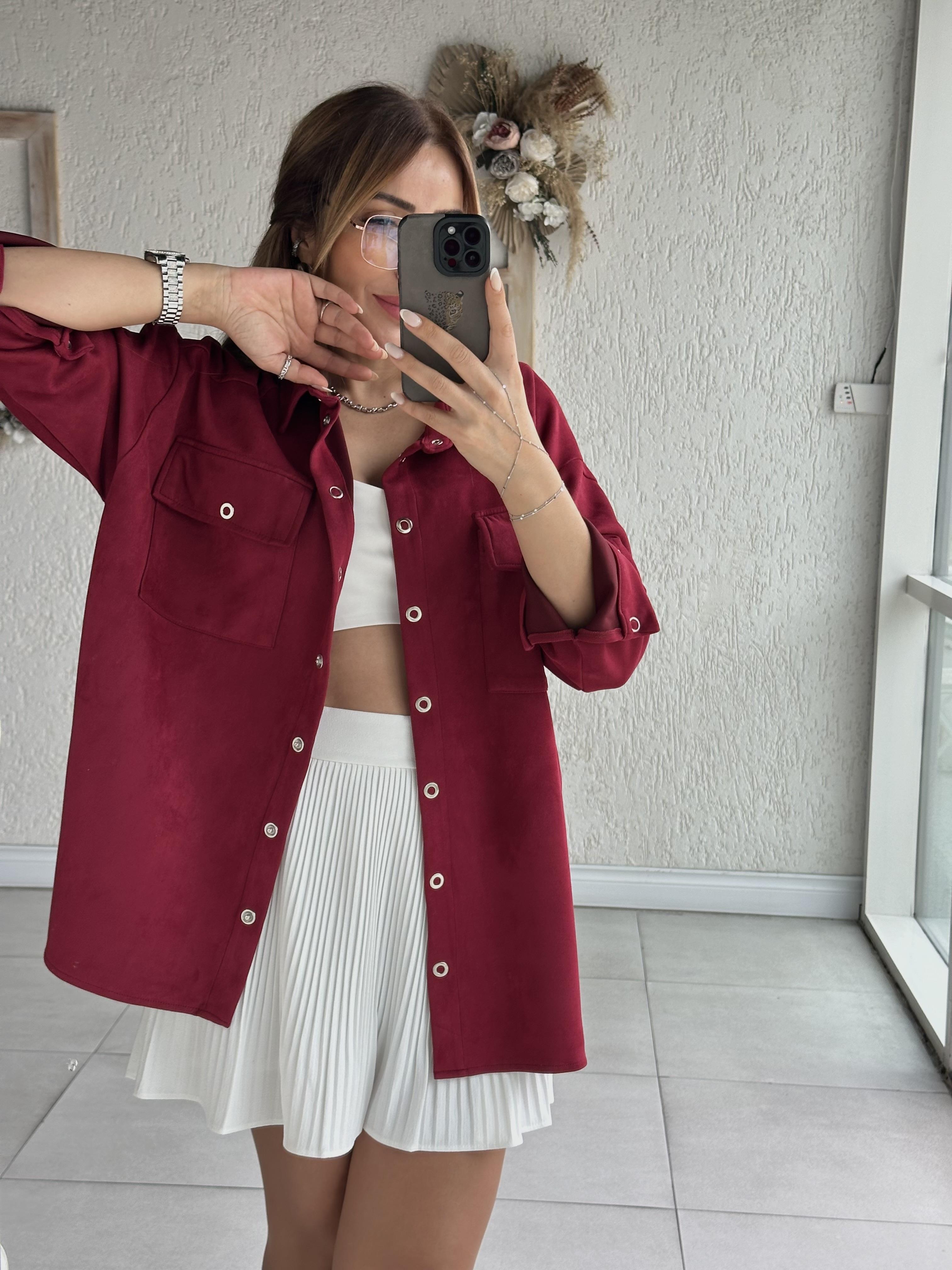 Bordo Süet Oversize Gömlek Ceket