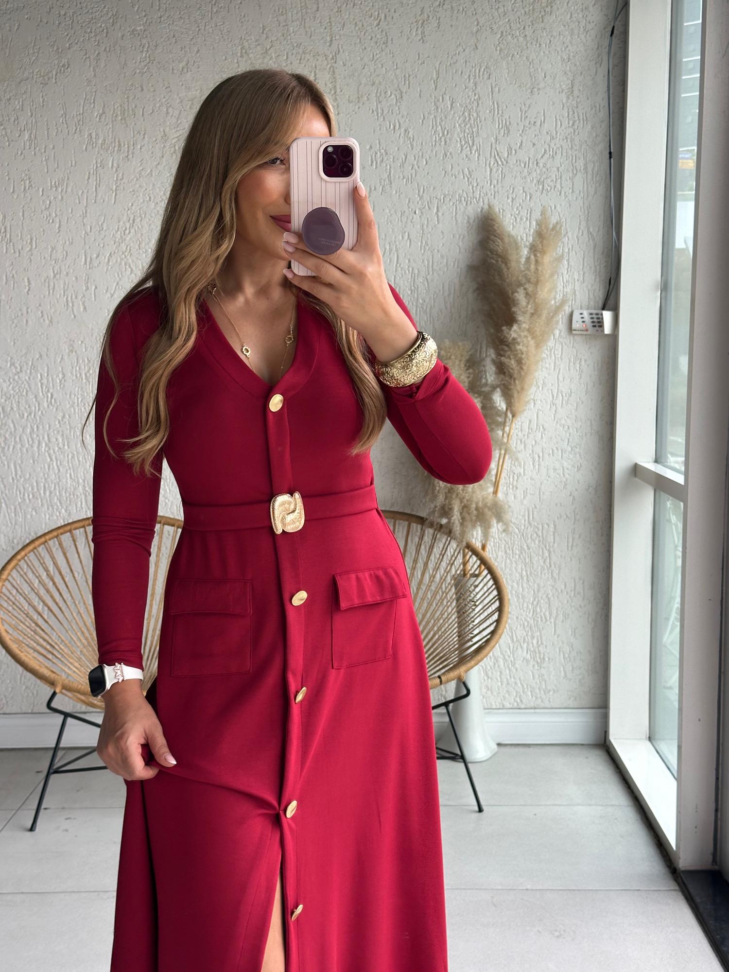 Bordo V Yaka Kemer Detaylı Elbise