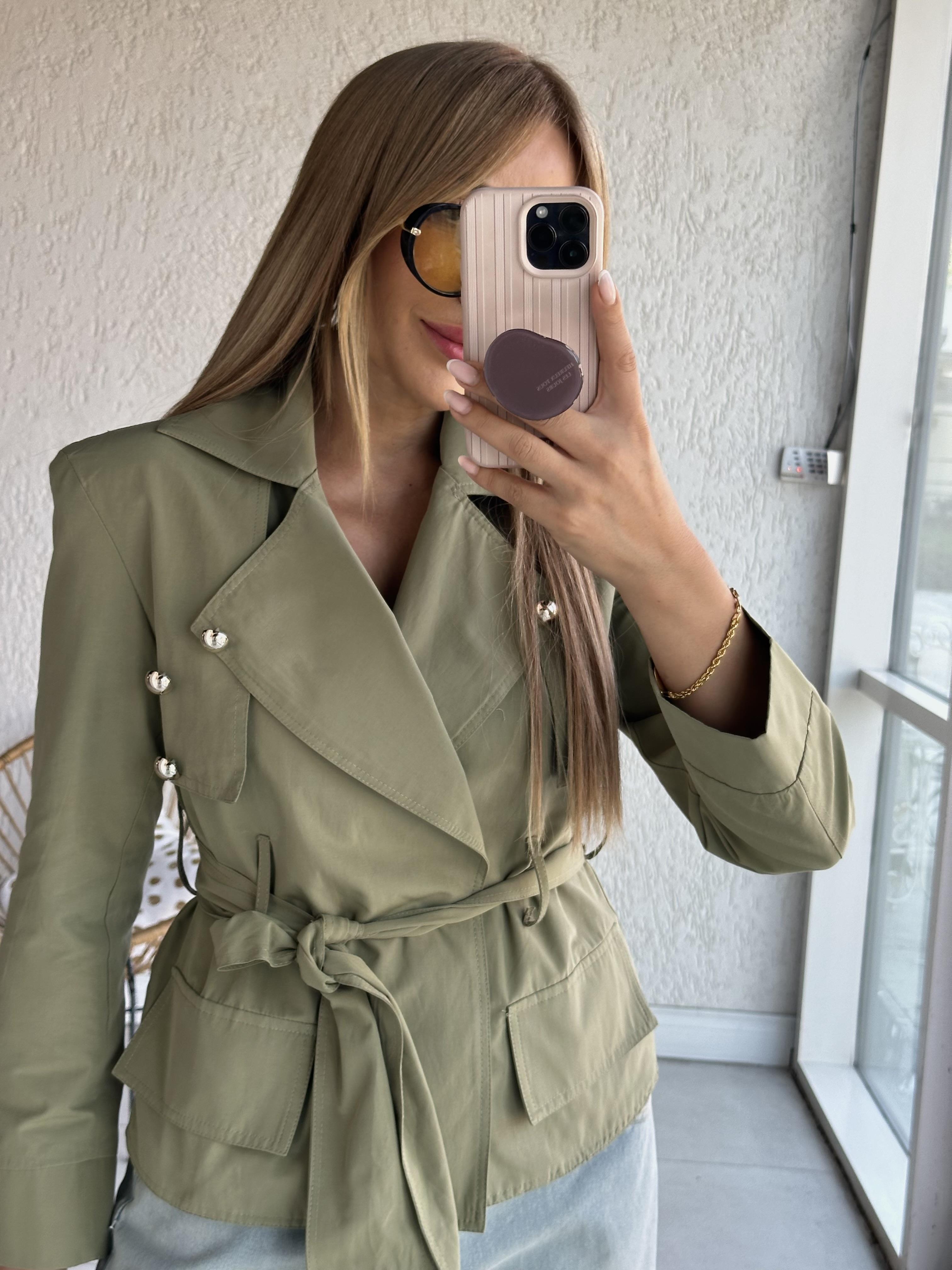 Çağla Yeşili Kuşaklı Tasarım Ceket