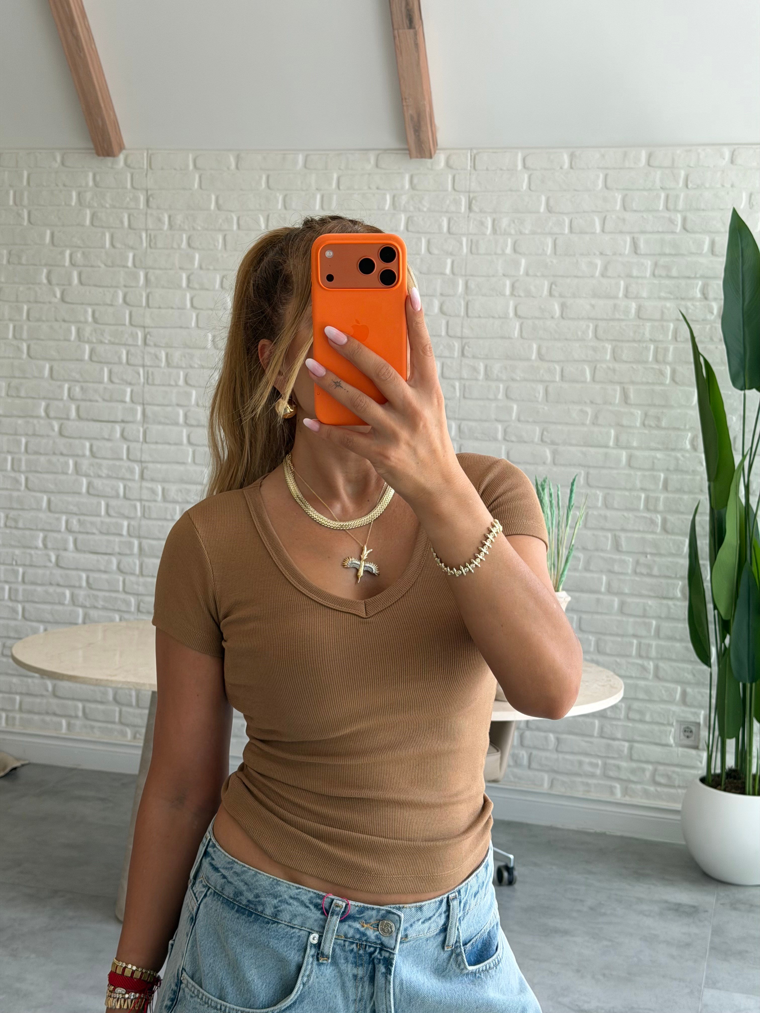 Camel Fitilli V Yaka T-shirt 