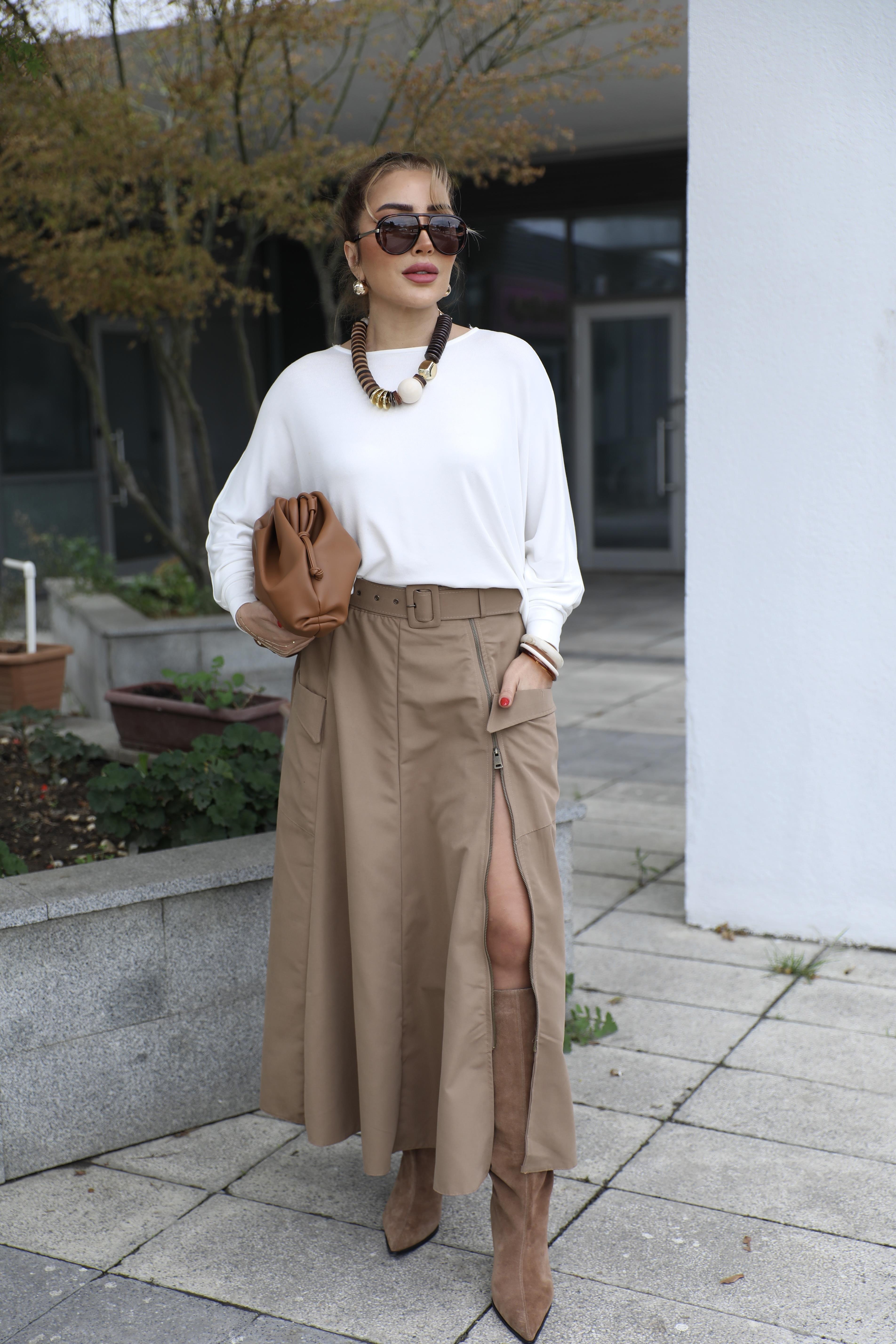 Camel Tasarım Fermuarlı Etek