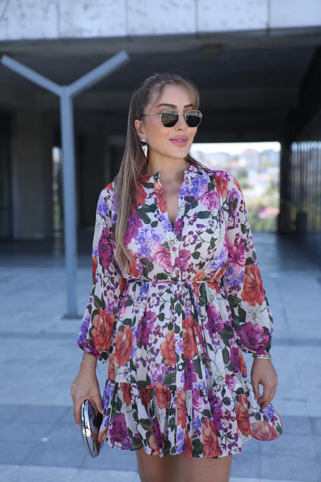 Çiçekli Şifon Kuşaklı Elbise