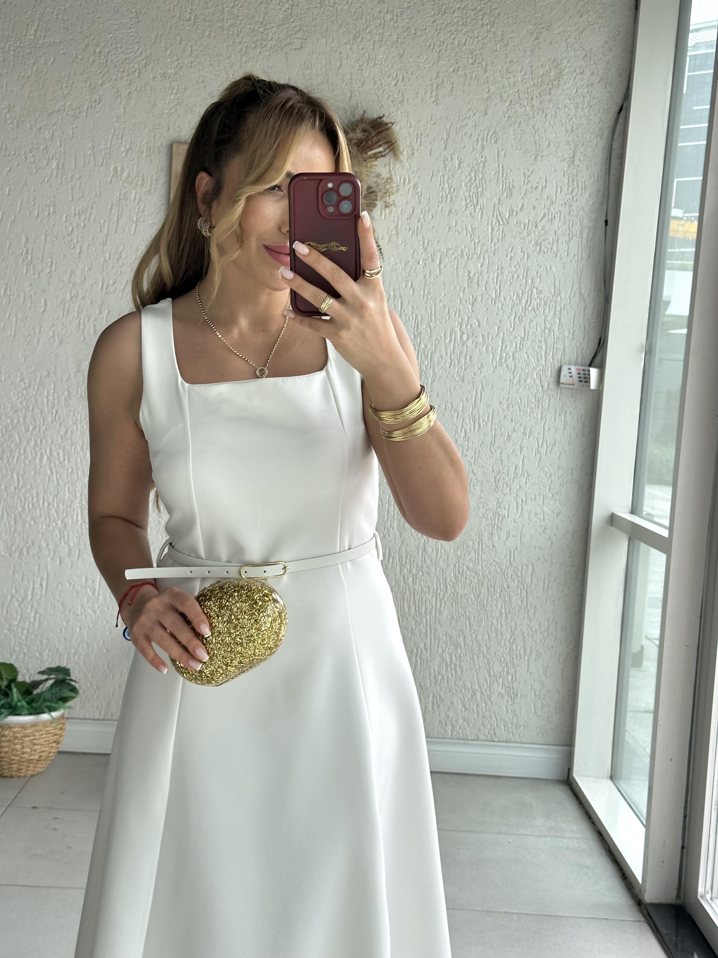 Ekru Askılı Çan Maxi Elbise