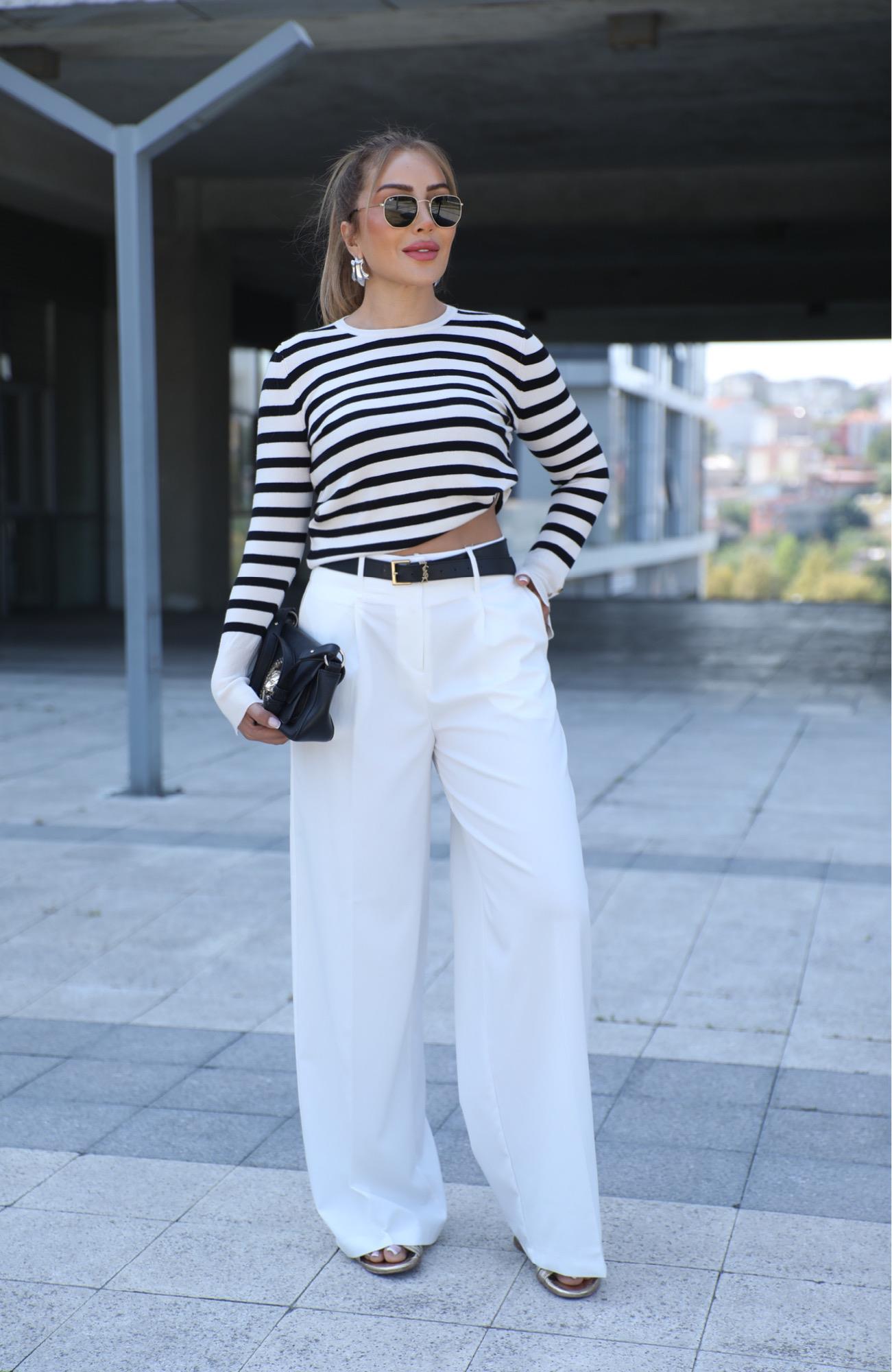 Ekru Bel Detaylı Pantolon