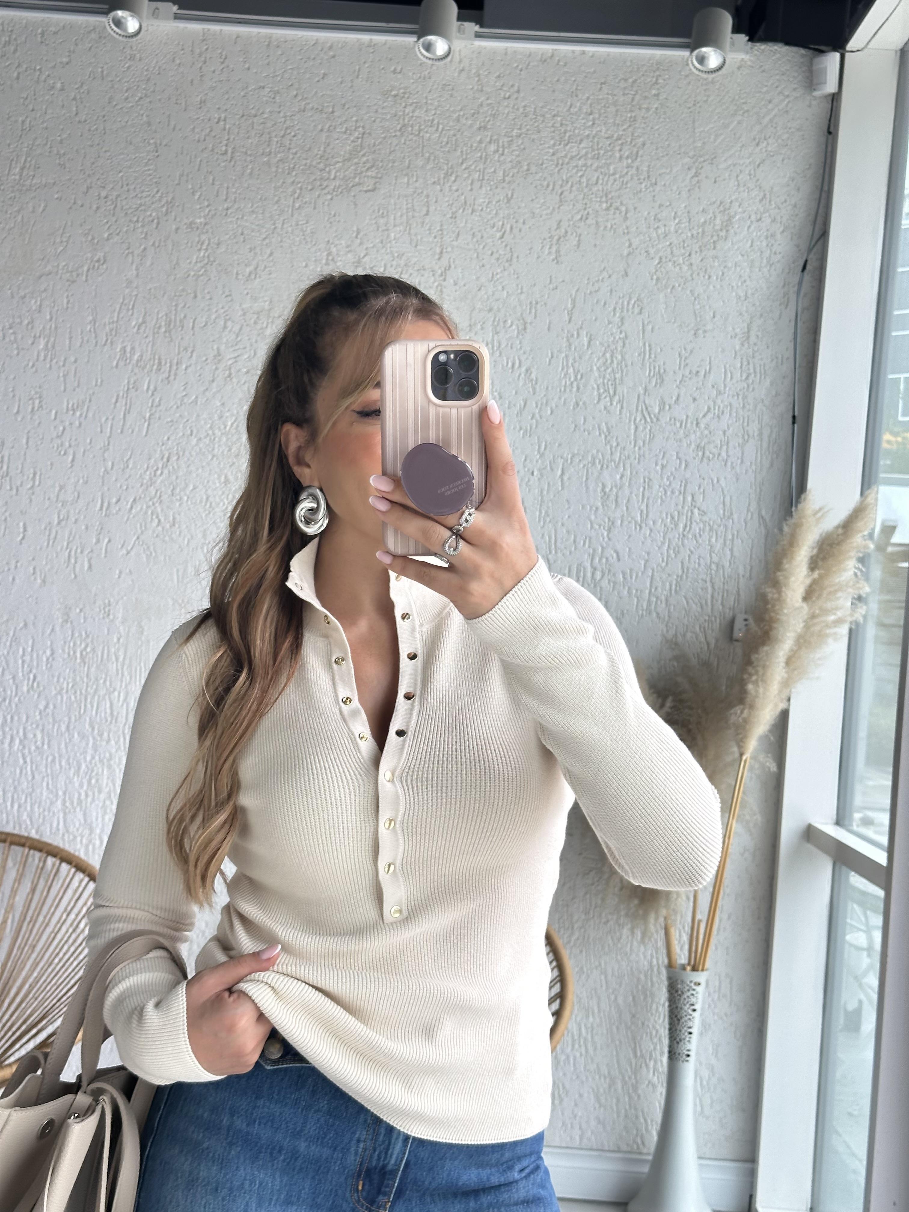 Ekru Çıtçıtlı Triko Bluz