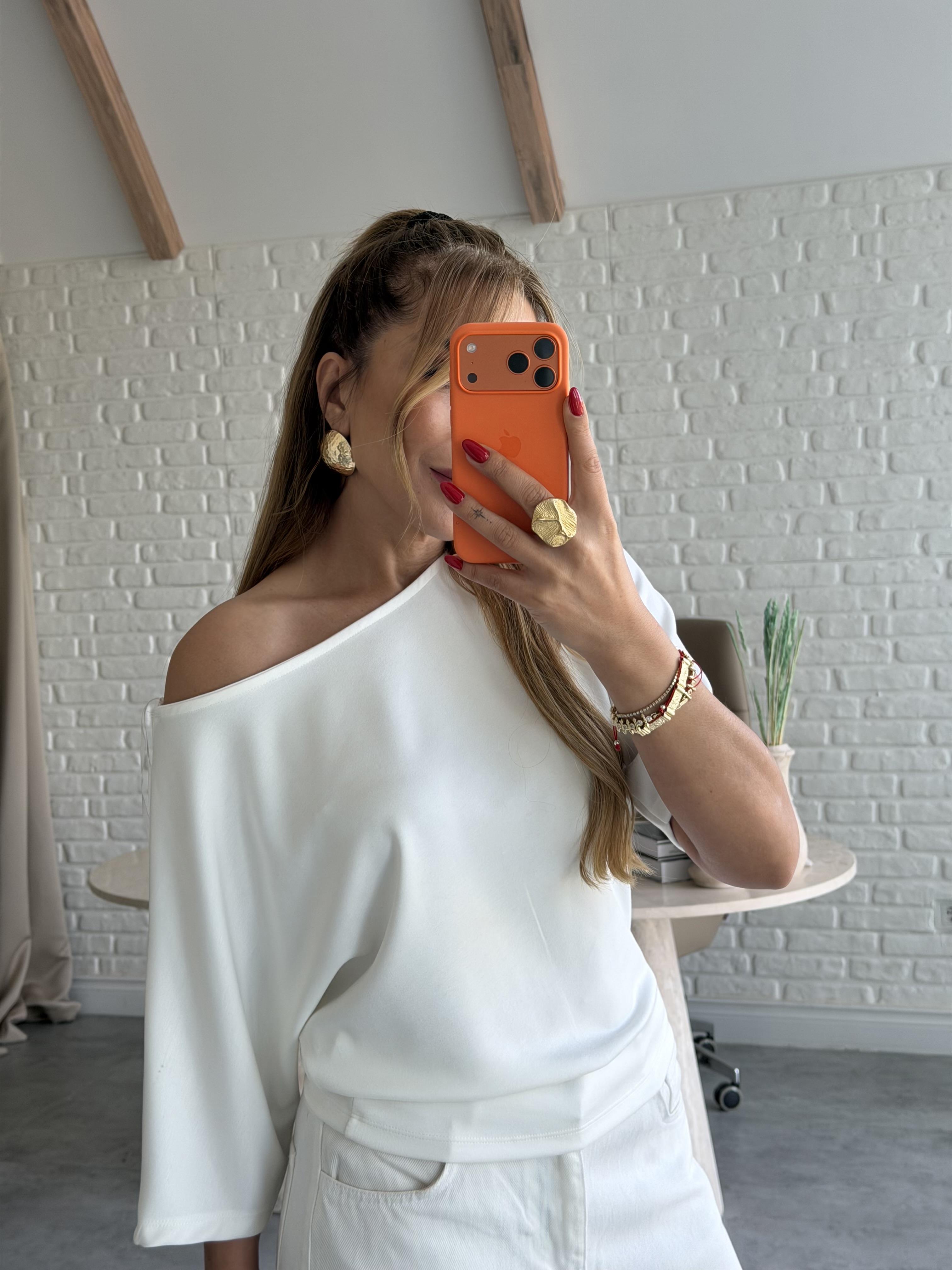 Ekru Düşük Omuz Basic T-shirt