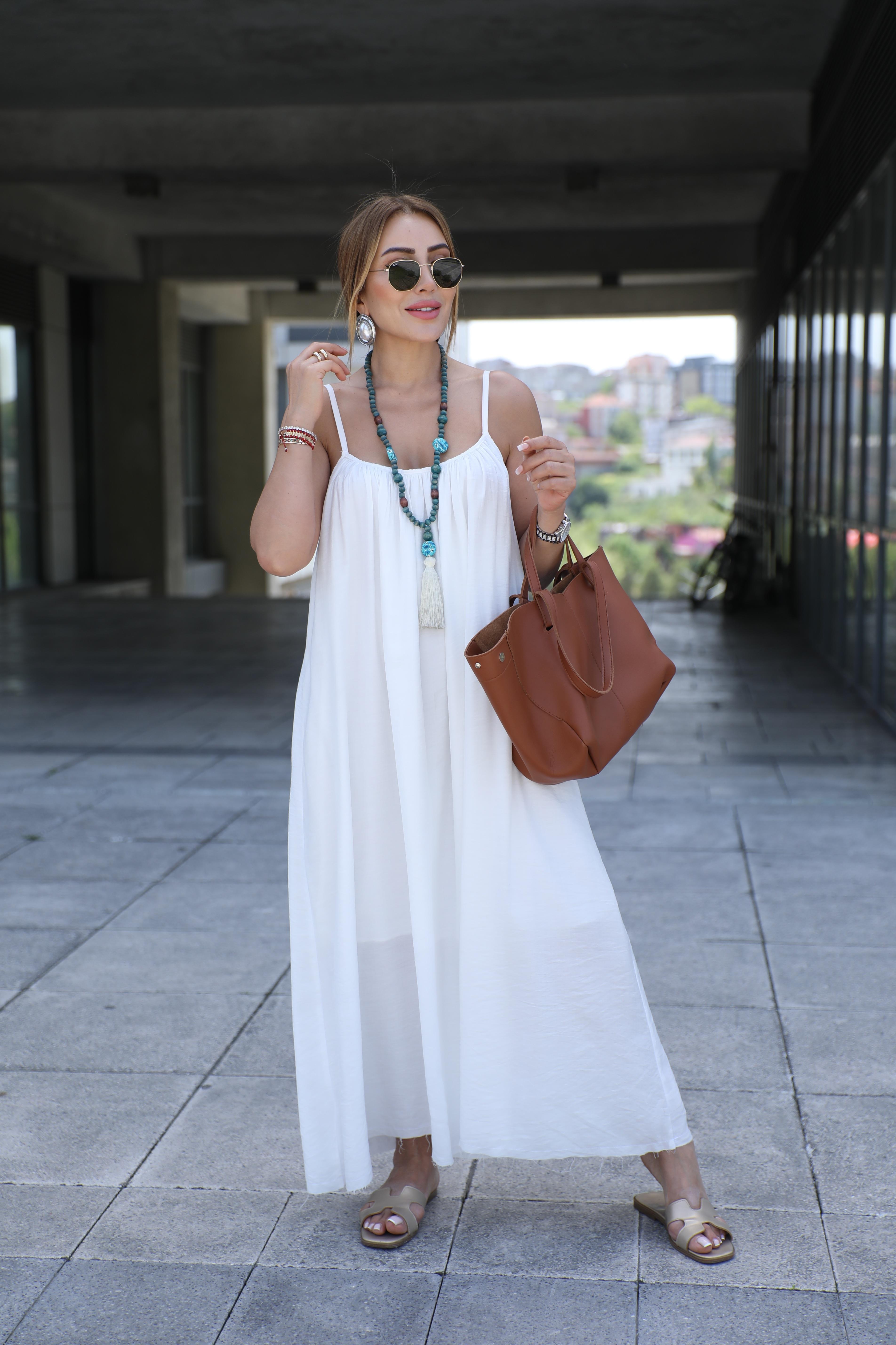 Ekru İnce Askılı Pileli Elbise