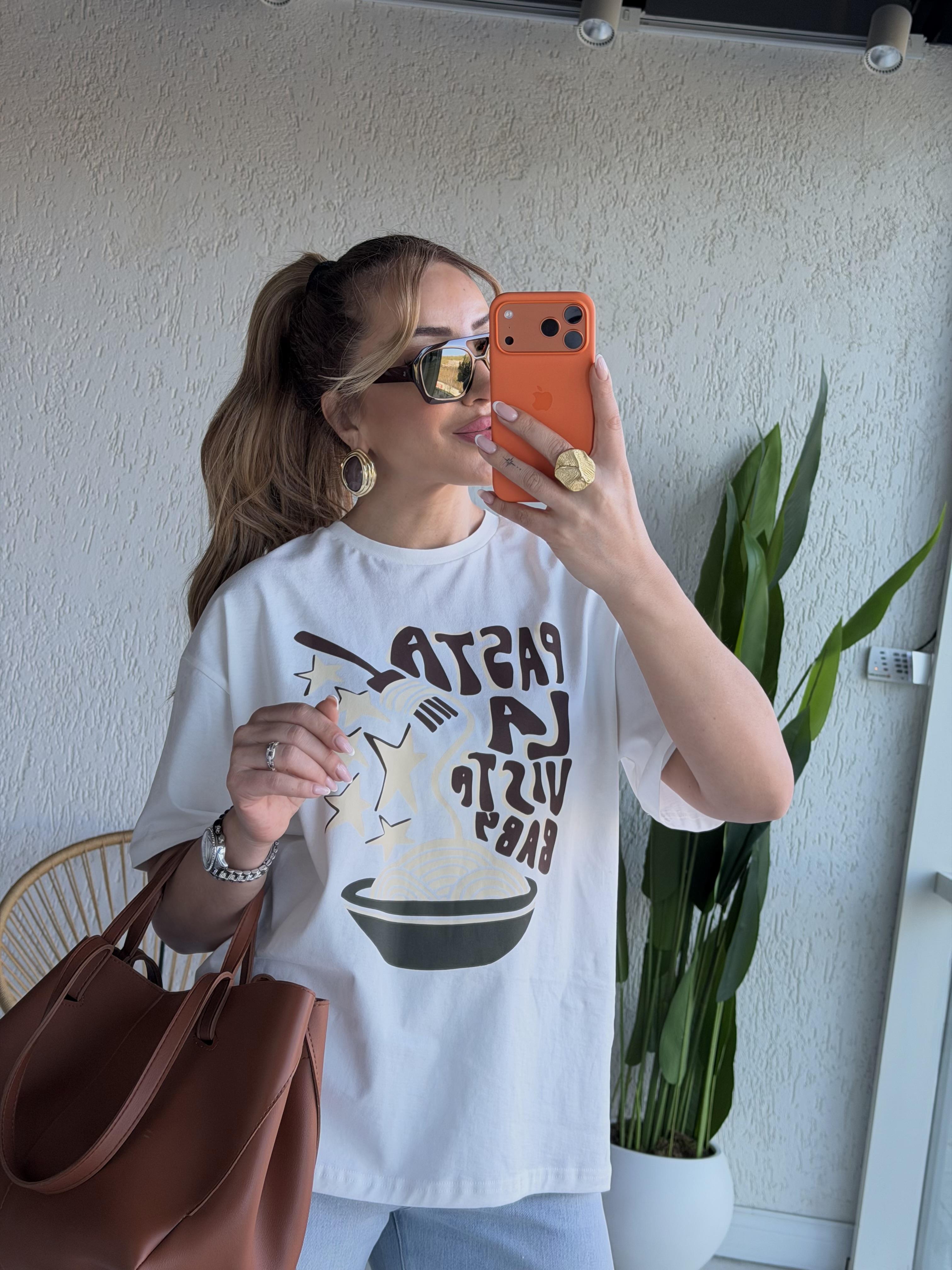 Ekru Kahve Baskılı T-shirt 