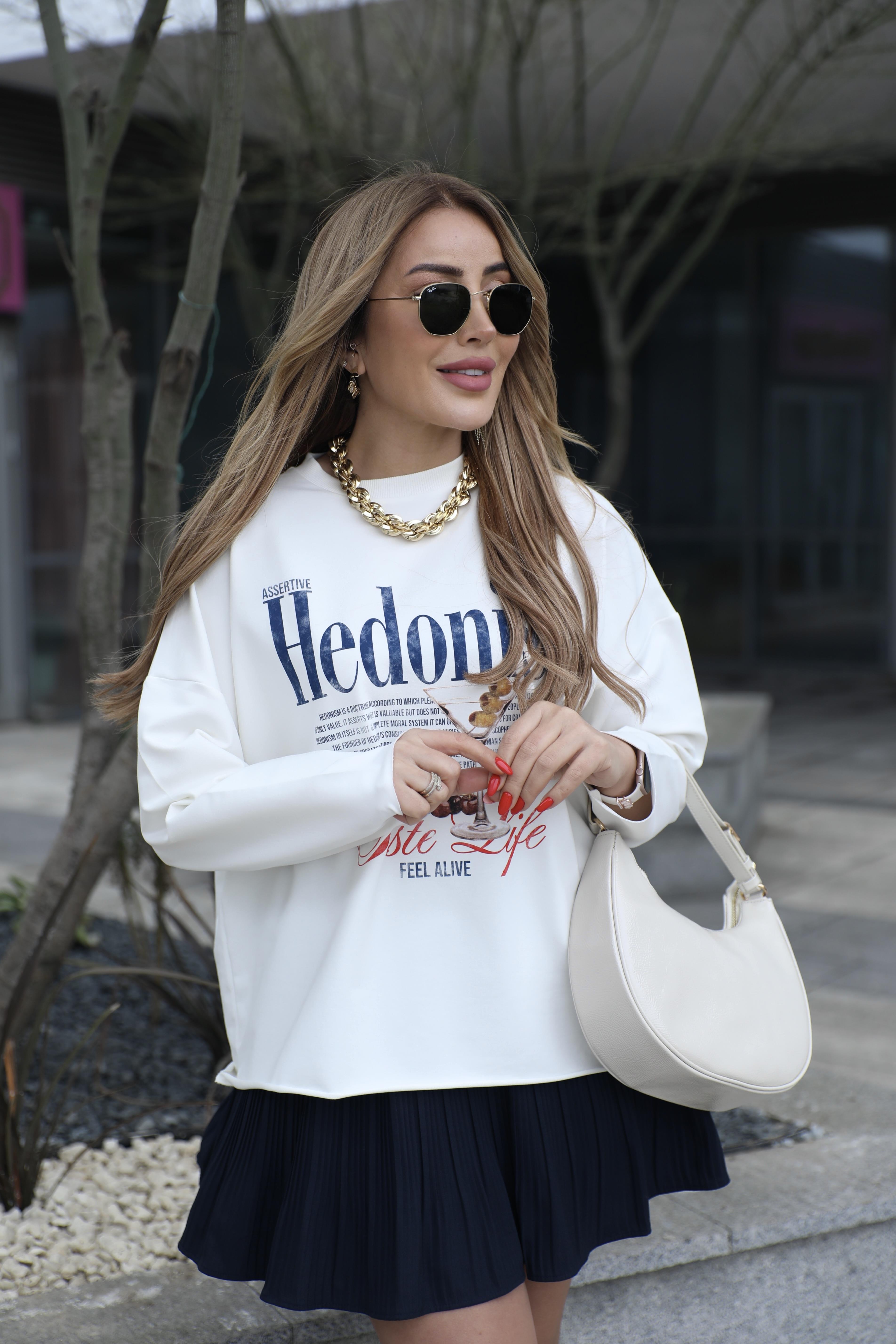 Ekru Lacivert Baskılı Uzun Kollu T-shirt 