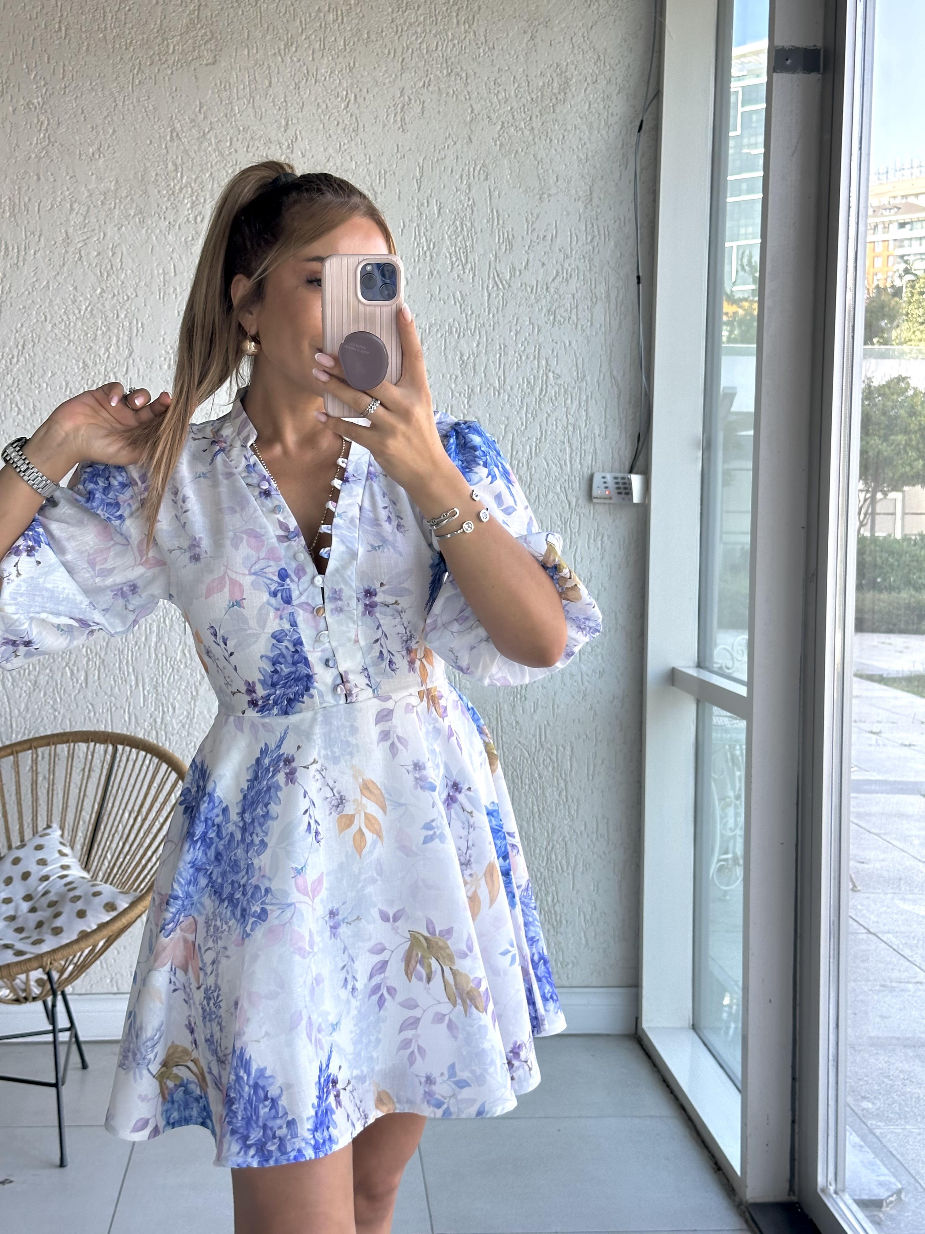 Ekru Mavi Lila Çiçekli Elbise